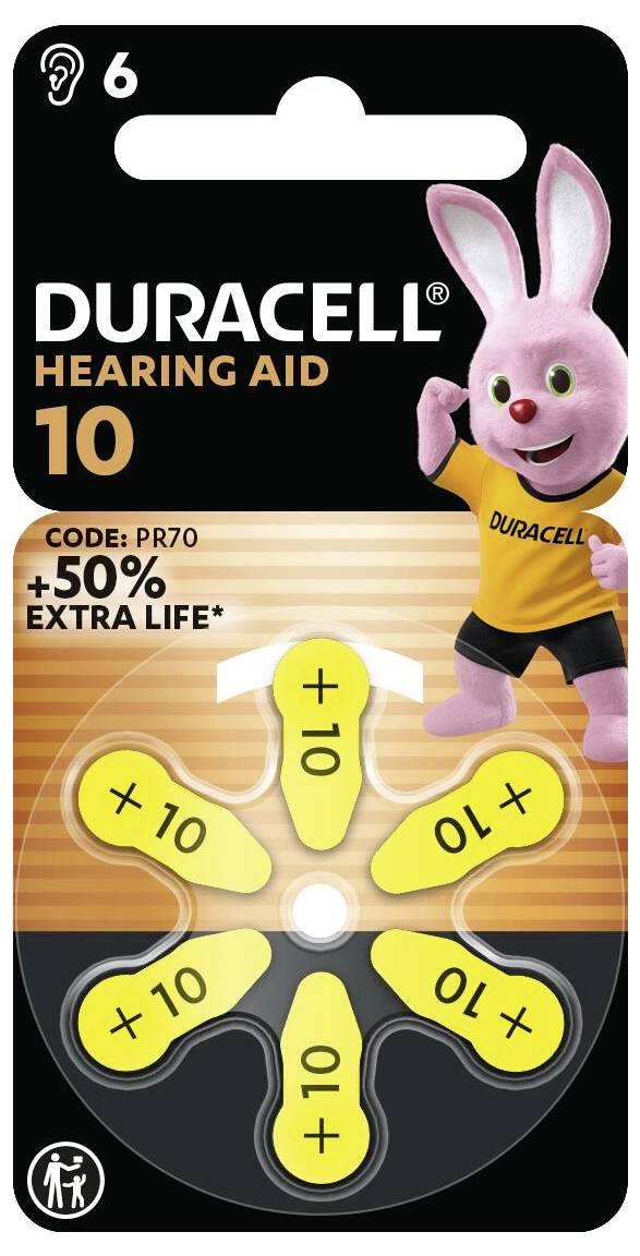 Duracell hearing aid batteries, size 10, package displays a pink bunny mascot and claims '+50% extra life', code PR70.