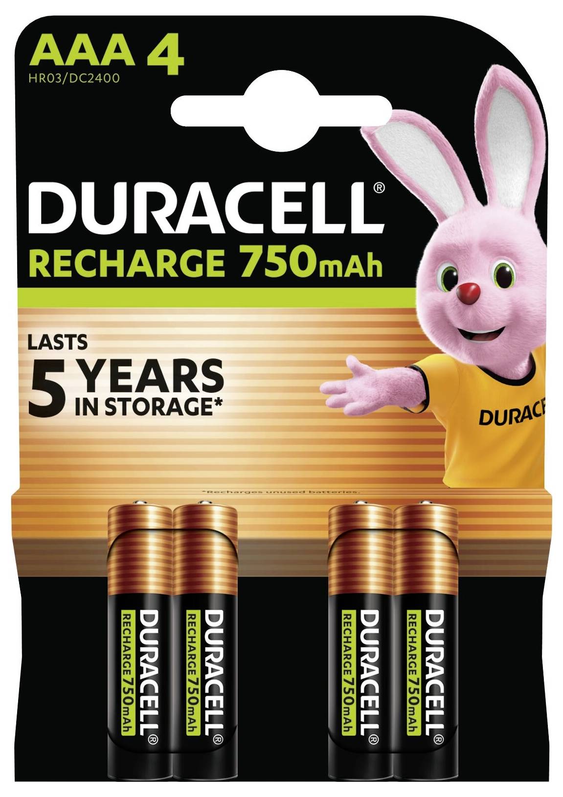 Arrière d'un emballage de piles Duracell AA par 4 montrant les informations sur le produit, le code-barres et le texte multilingue.