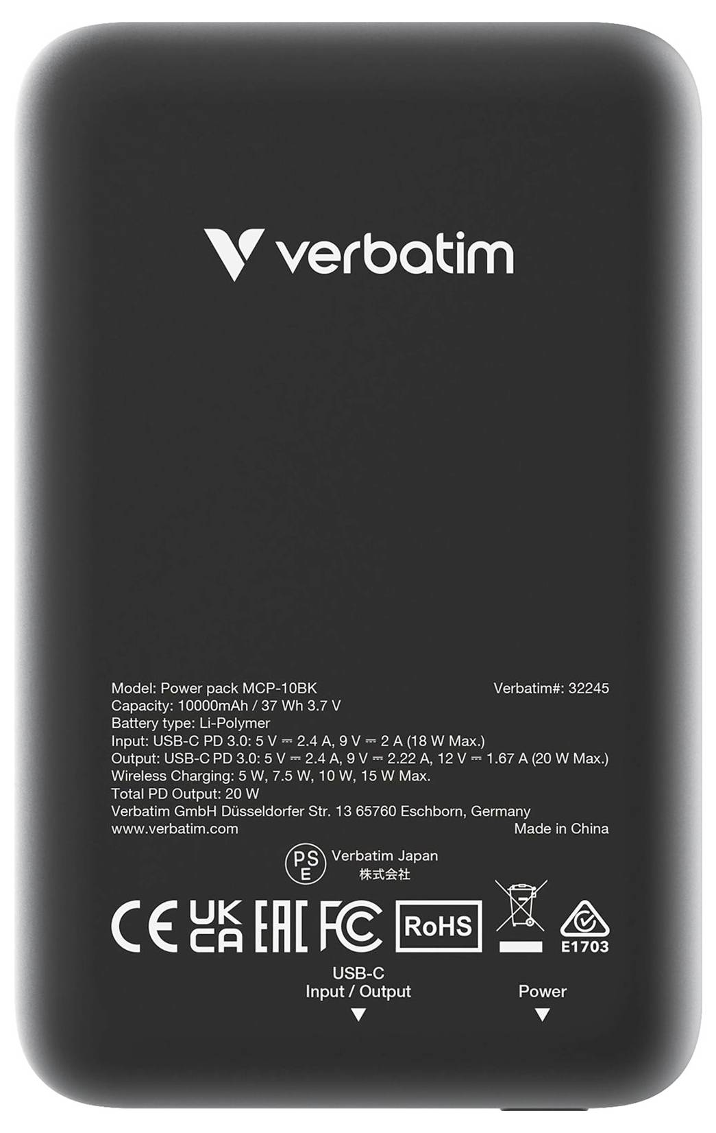 Une batterie externe noire de la marque Verbatim d'une capacité de 10 000 mAh. Les modèles et détails techniques sont imprimés dessus.