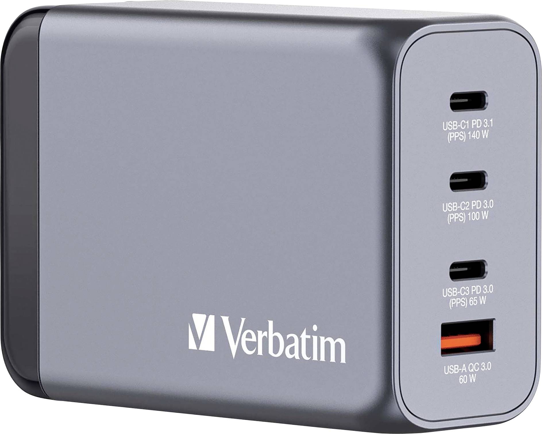 Chargeur Verbatim gris et noir avec quatre ports USB offrant chacun des spécifications de puissance différentes allant de 60 à 140 watts.