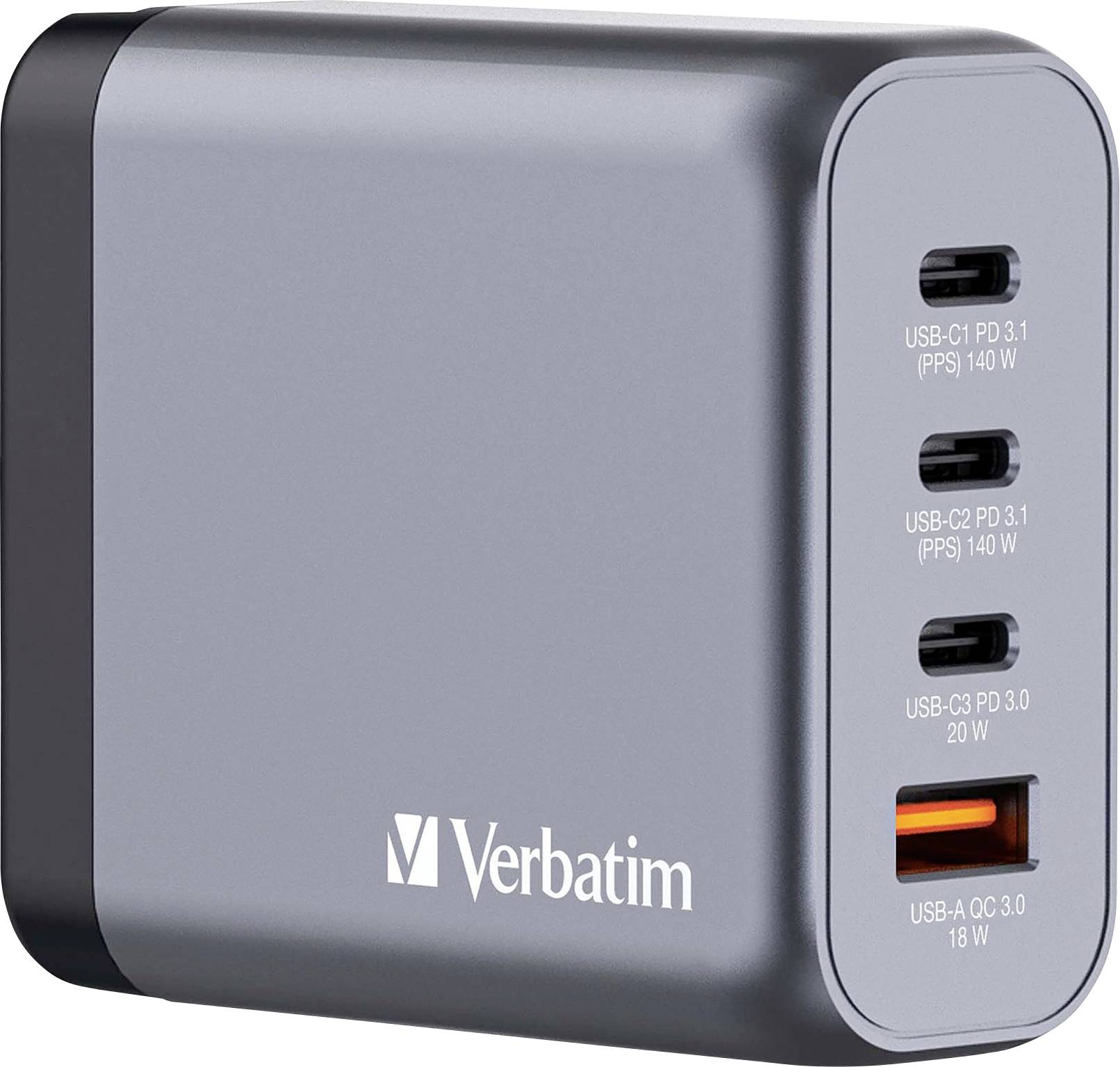 Chargeur USB multifonction de Verbatim avec quatre ports : trois ports USB-C avec Power Delivery et un port USB-A.