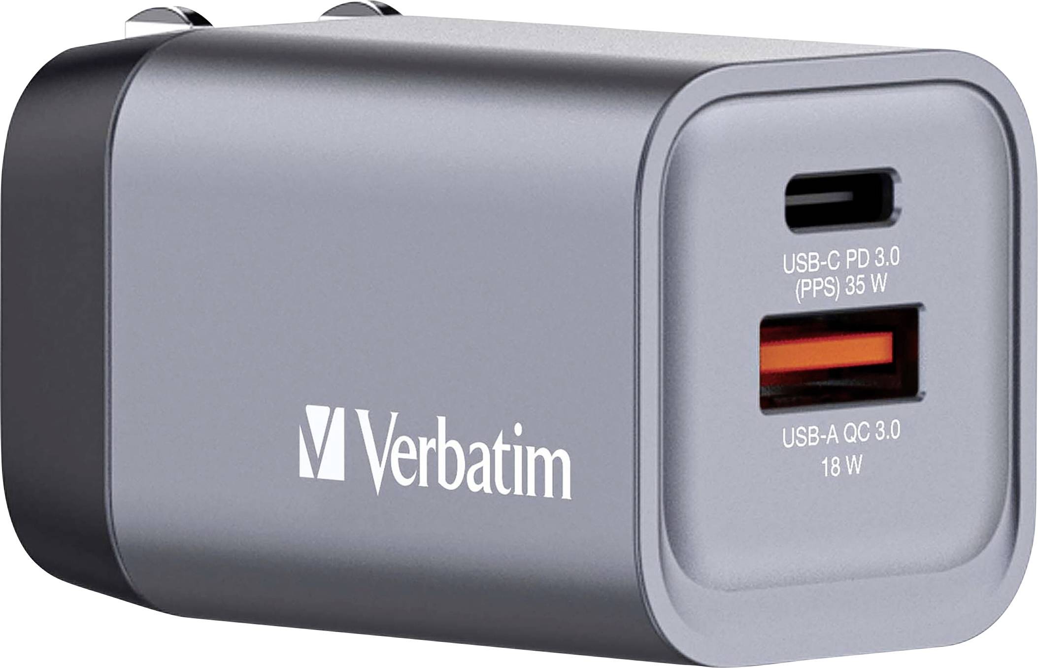 Verbatim GNC-35 GaN Adaptateur de voyage 35 W 1x USB-A, 1x USB-C® Power Delivery, Power Delivery 3.0, QC 3.0 gris GaN, avec