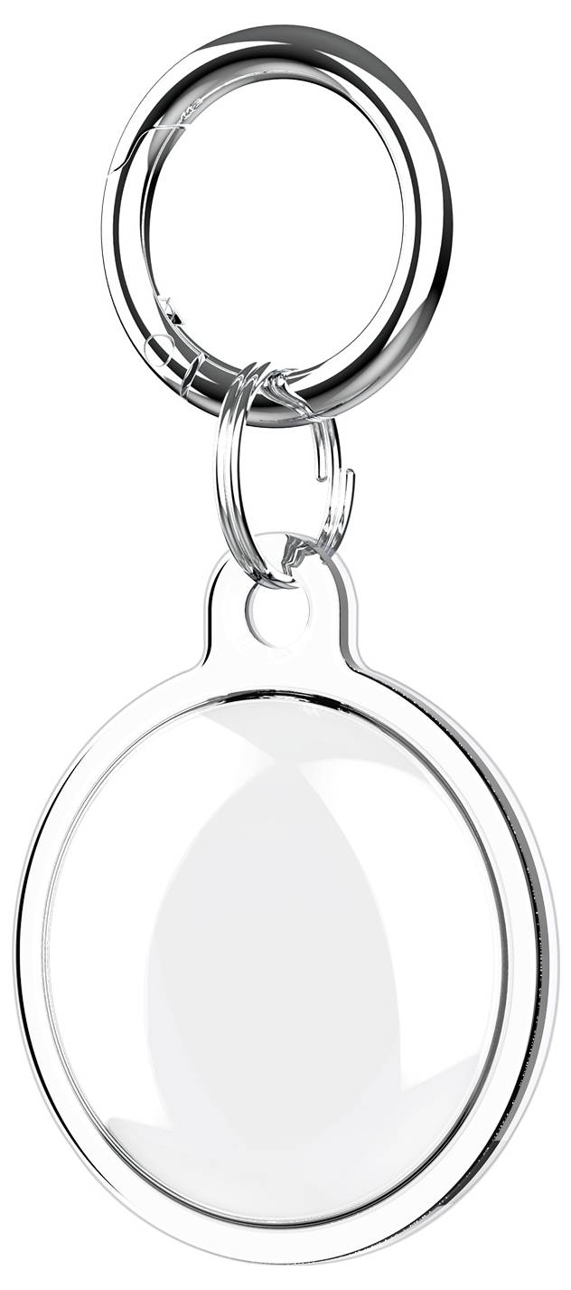 Un porte-clés ovale vide en matériau transparent, avec un anneau argenté en haut.