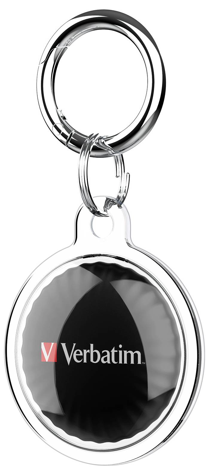 Porte-clés avec le logo 'Verbatim' au centre, anneau argenté en haut, design ovale noir.