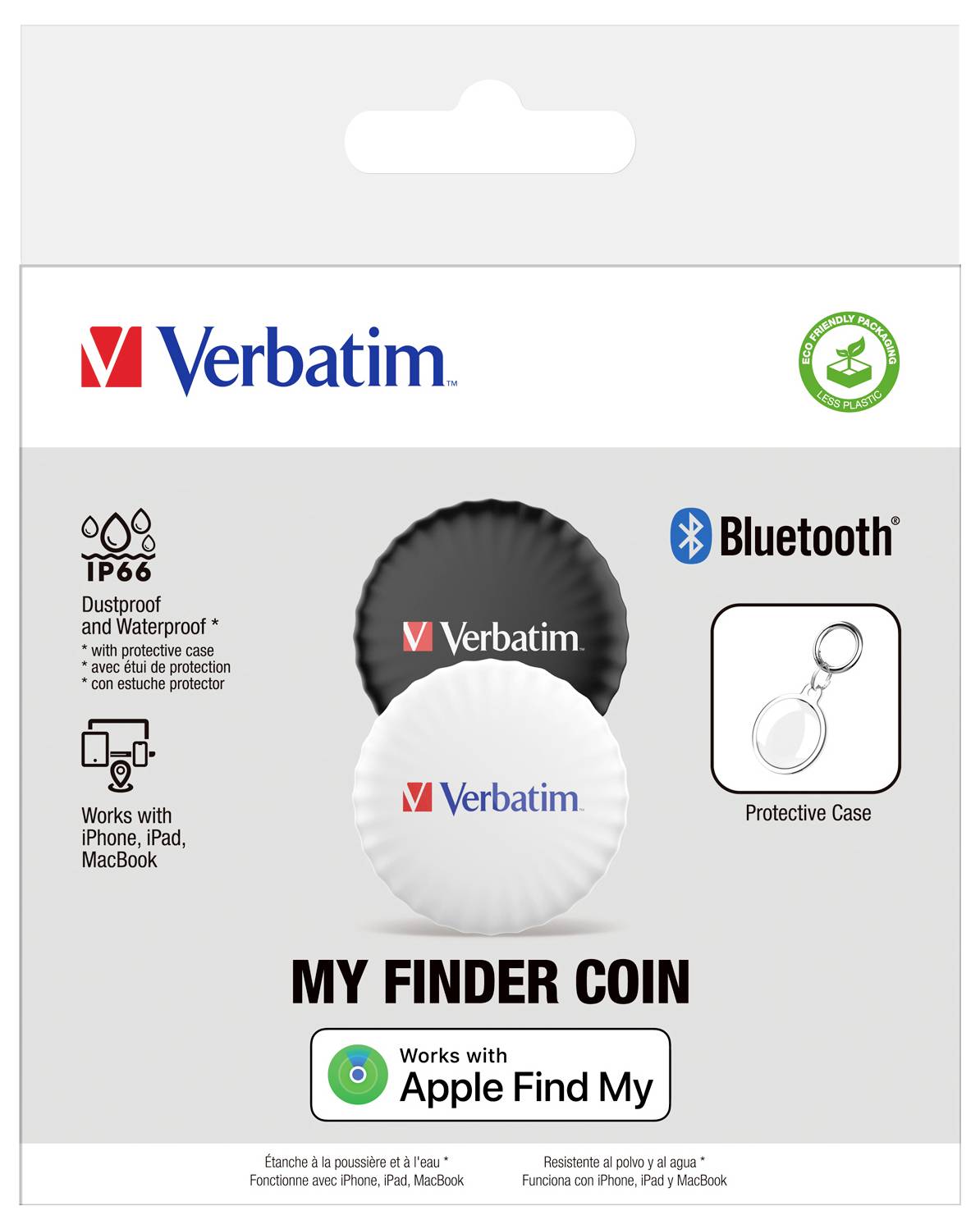 Emballage d'un jeton de recherche Bluetooth Verbatim, compatible avec le réseau 'Find My' d'Apple. Étanche à la poussière et à l'eau, comprenant un boîtier de protection.