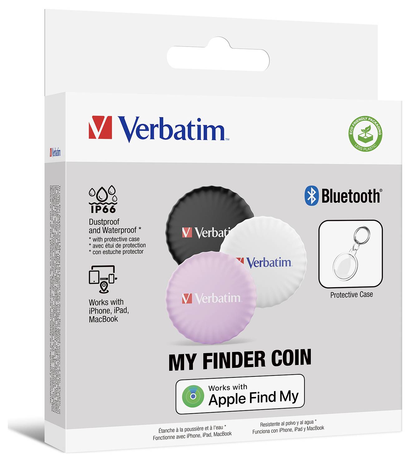 Emballage du Verbatim My Finder Coin, traceur Bluetooth avec étui de protection. Compatible avec Apple Find My. Contient trois traceurs.