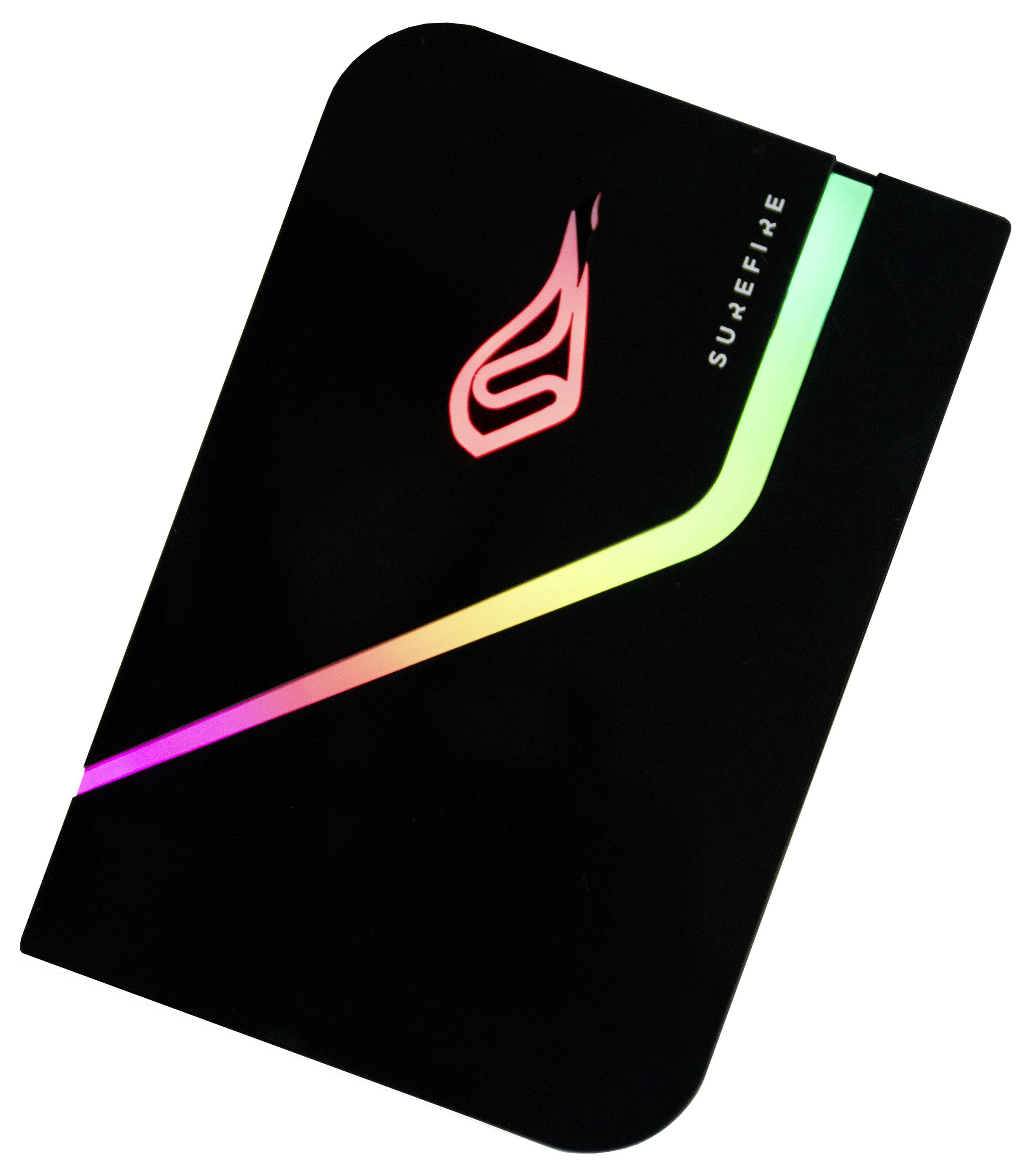 Disque dur externe noir avec une bande LED néon et un logo imprimé, incliné vers la droite.