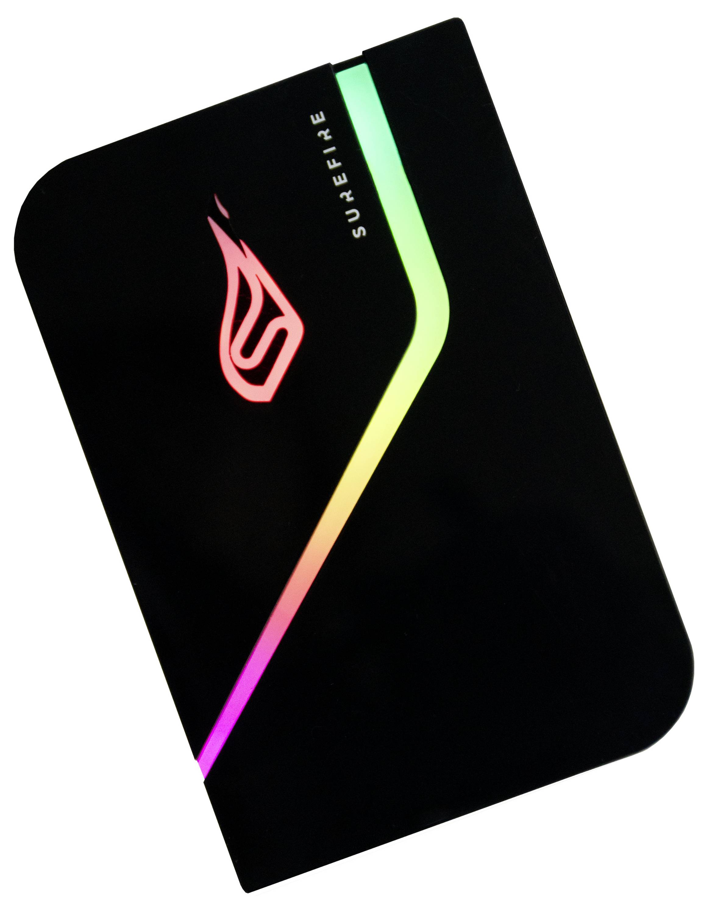 Disque dur externe noir avec une bande LED colorée et le logo de SureFire, légèrement incliné.