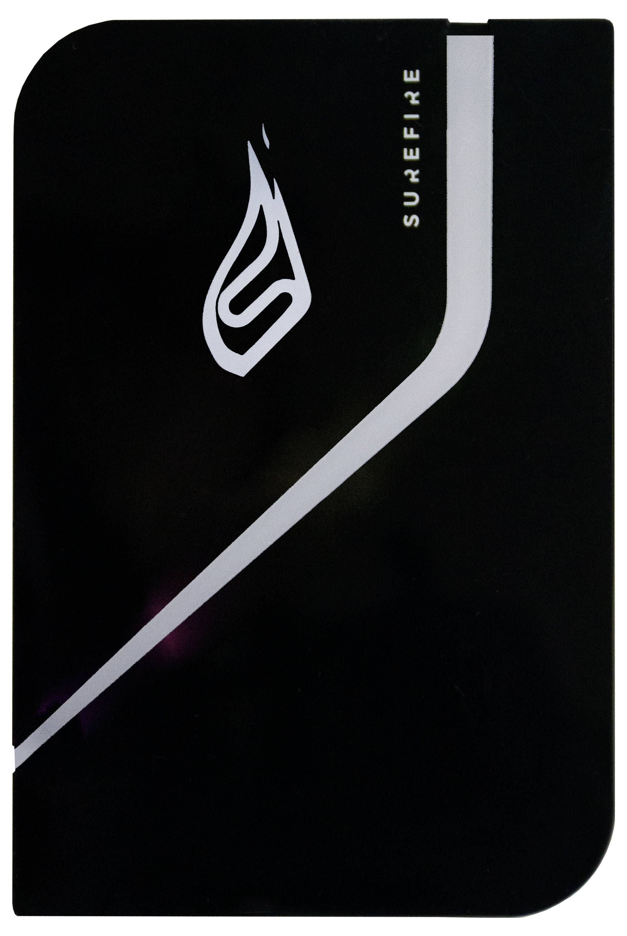 Un disque dur externe noir avec le logo d'une flamme stylisée et l'inscription 'Surefire'.