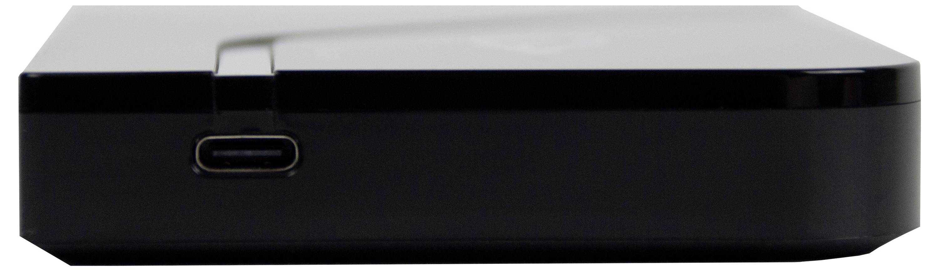 Disque dur externe noir avec port USB-C sur le côté, utilisé pour le stockage et la sauvegarde de données.