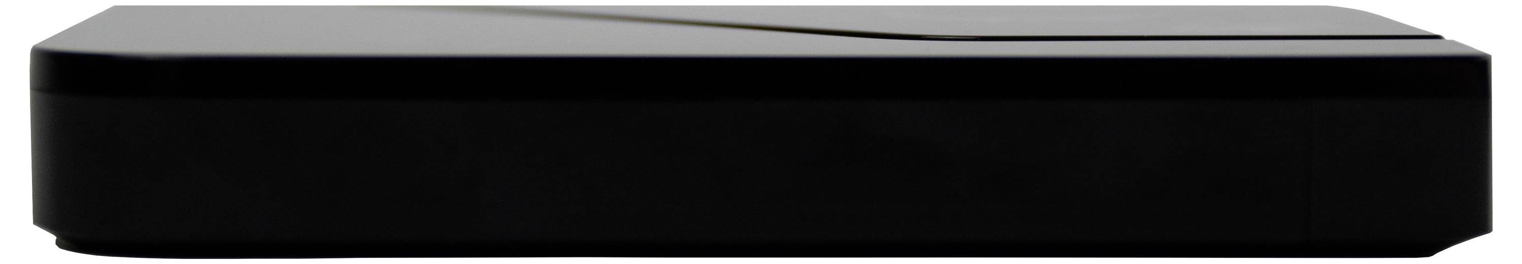 Un boîtier noir rectangulaire aux bords lisses et au sommet légèrement biseauté.