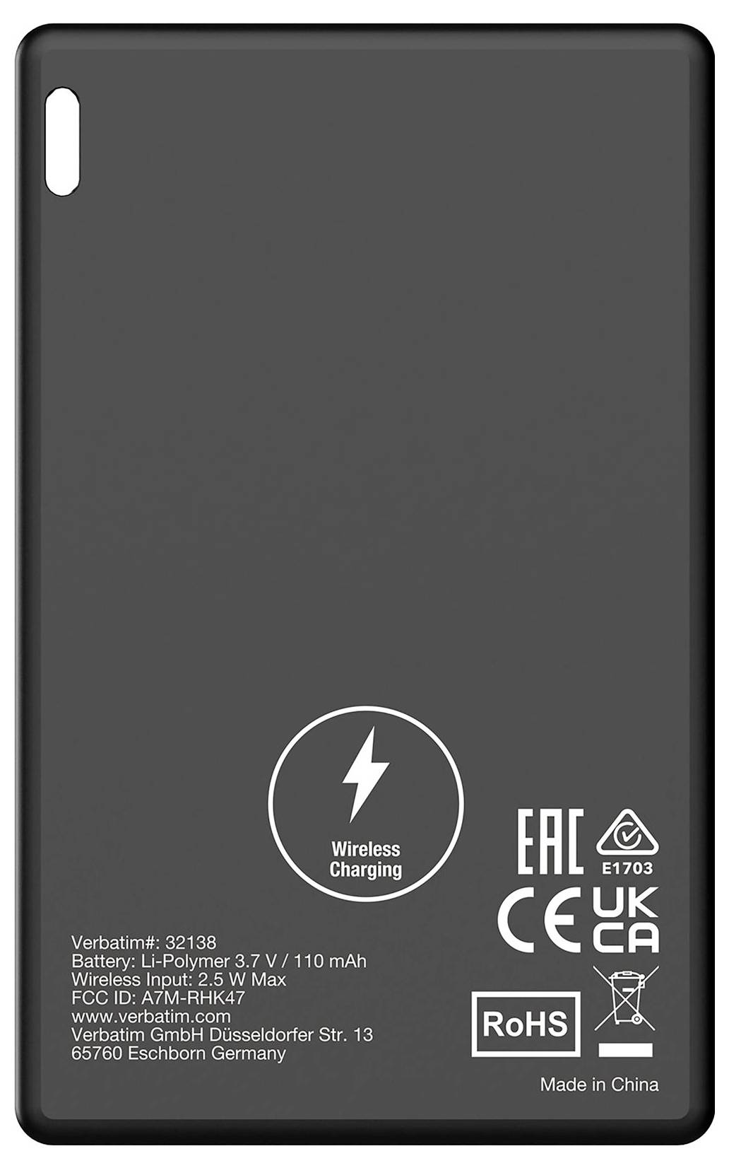 Batterie externe noire avec charge sans fil et différents logos de certification au dos.