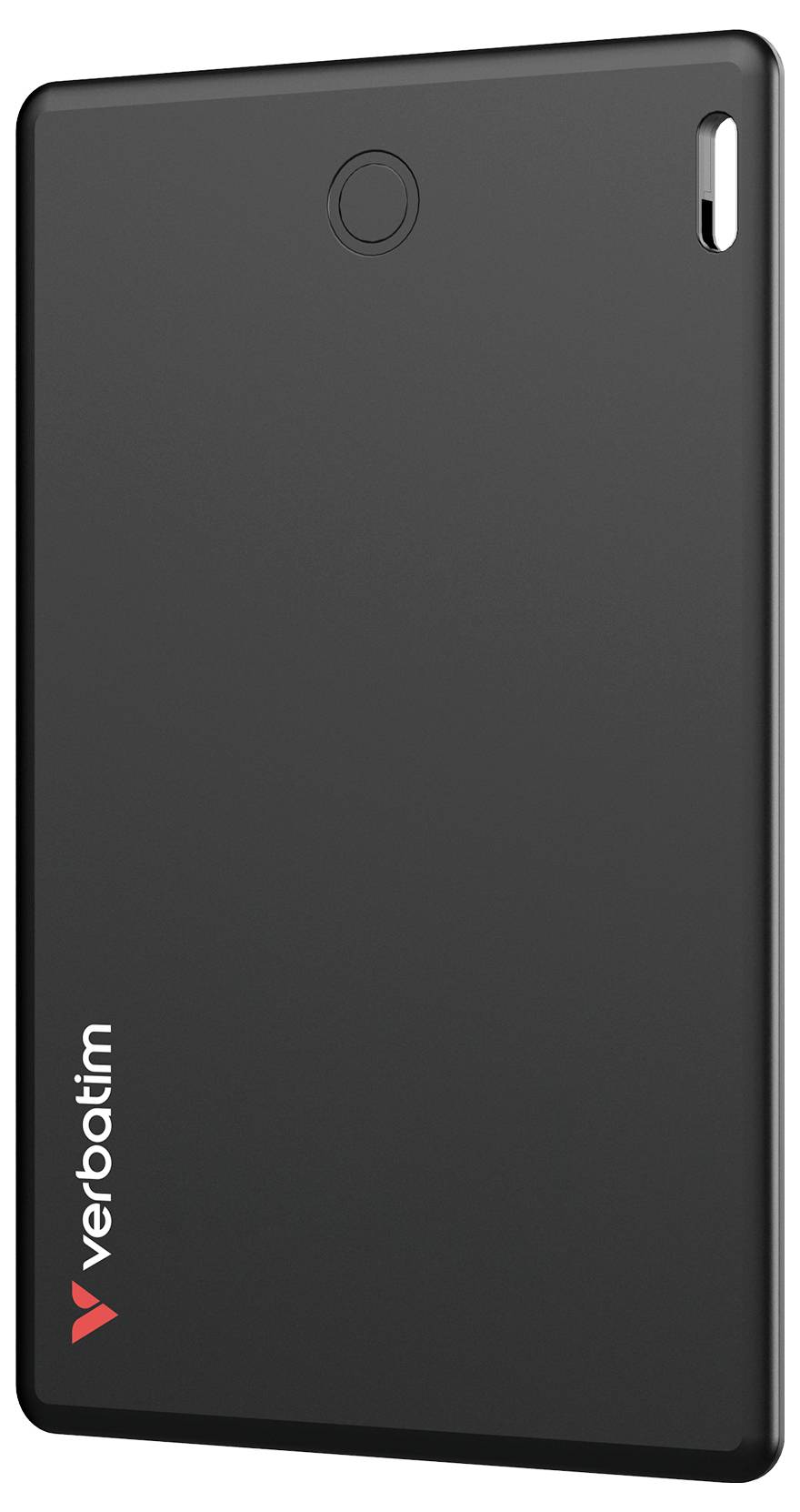 Un disque dur externe portable noir de Verbatim avec un design compact et élégant.