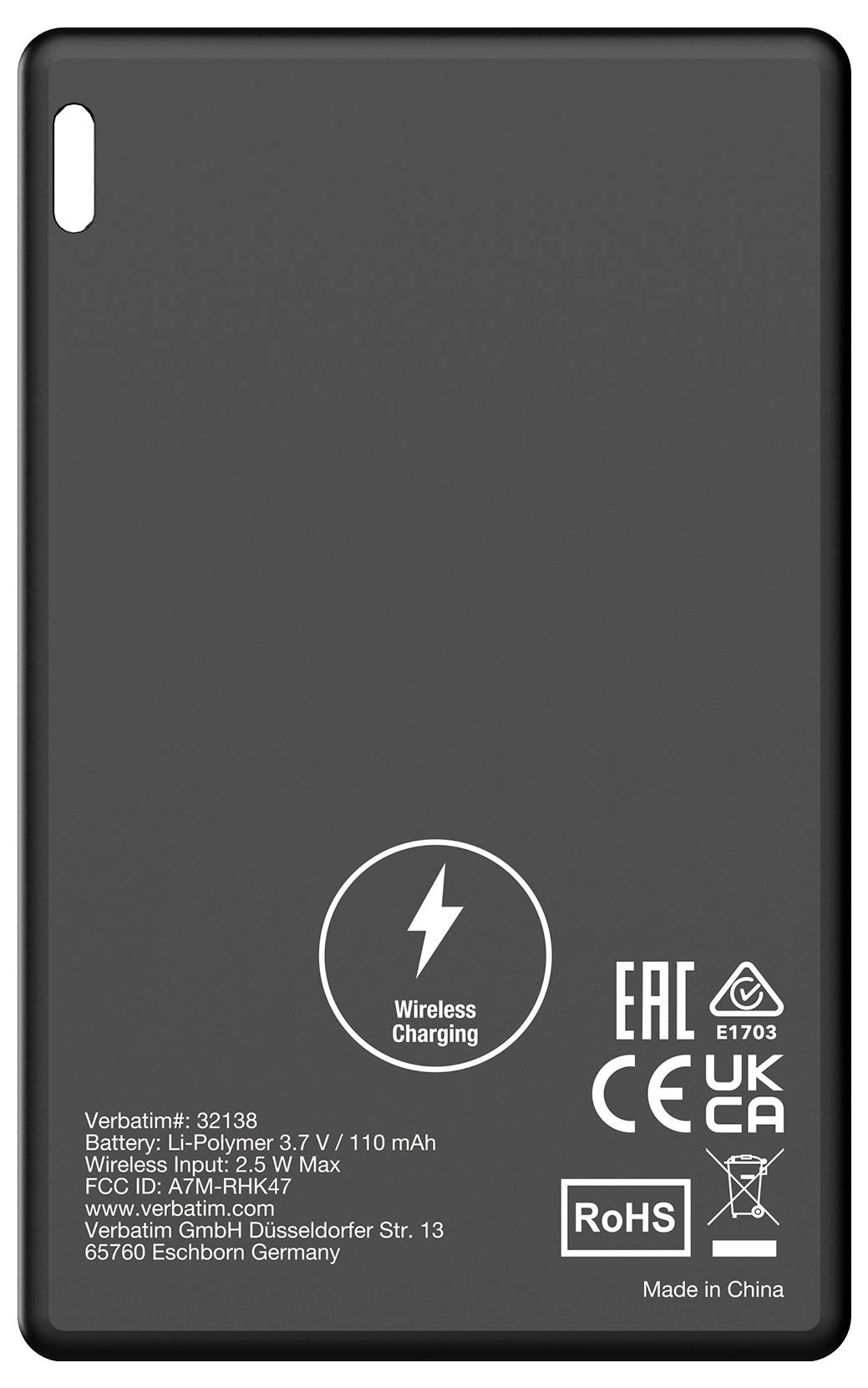 Appareil noir et rectangulaire portant l'inscription 'Wireless Charging', avec diverses informations de certification et de fabrication au dos.