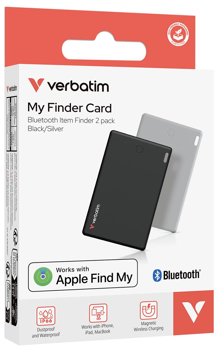 Carte Verbatim My Finder, lot de 2 en noir/argent, compatible avec Apple Find My et Bluetooth. Imperméable et rechargeable par magnétisme.
