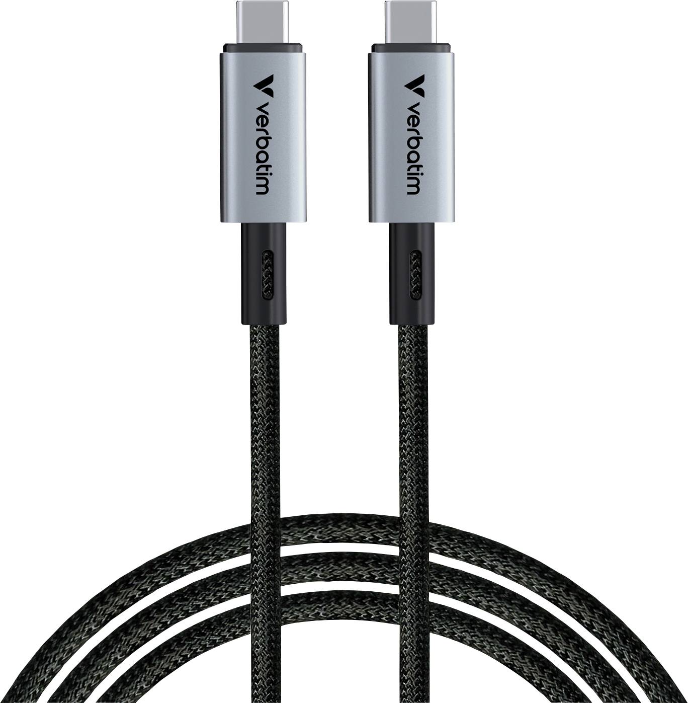 Câble USB-C tressé noir avec des connecteurs argentés à chaque extrémité, adapté pour le transfert de données rapide et la charge.
