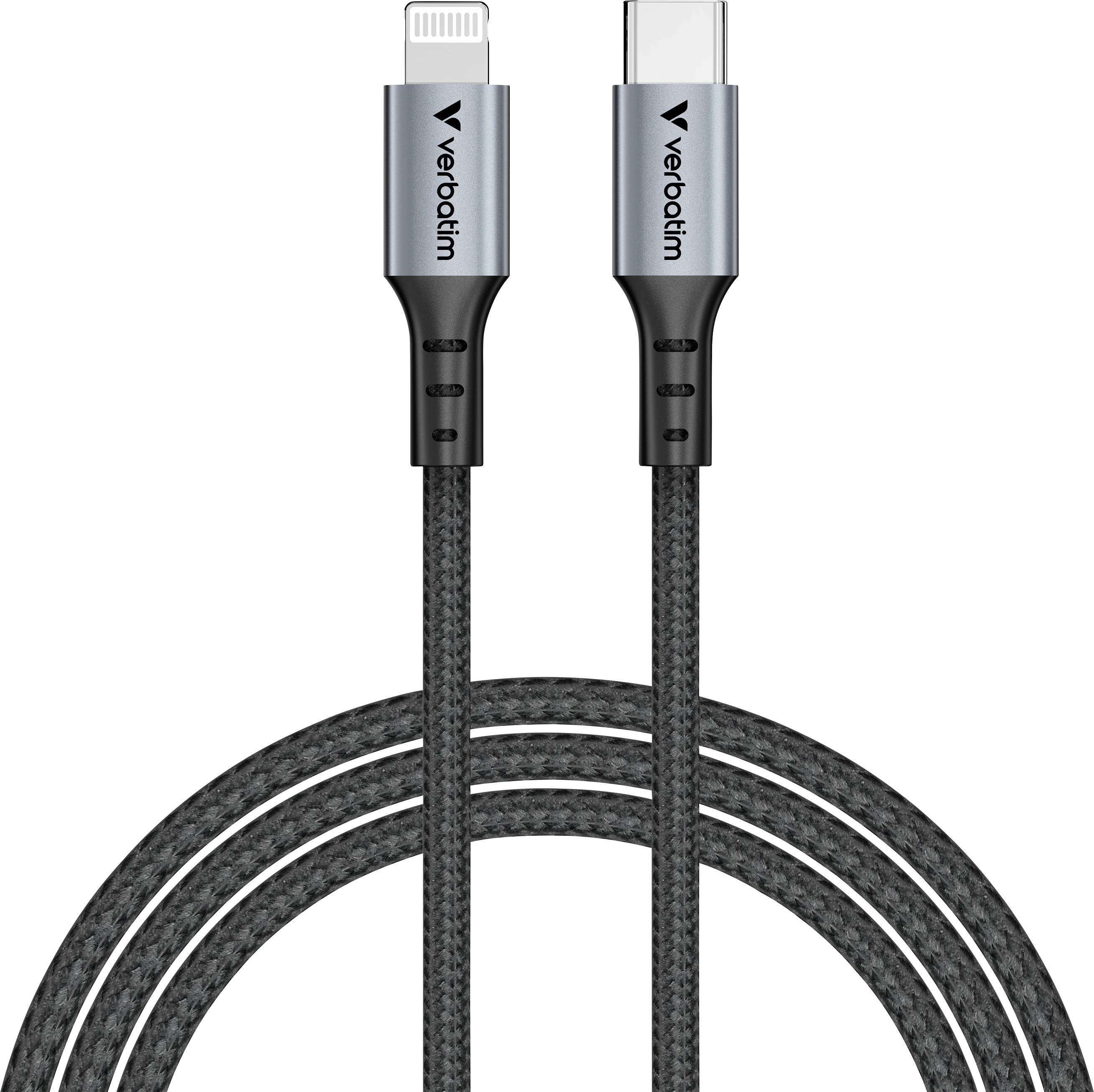 Deux câbles tressés munis de connecteurs USB-C et Lightning, adaptés aux transferts de données et à la charge, tous deux de la marque Verbatim.