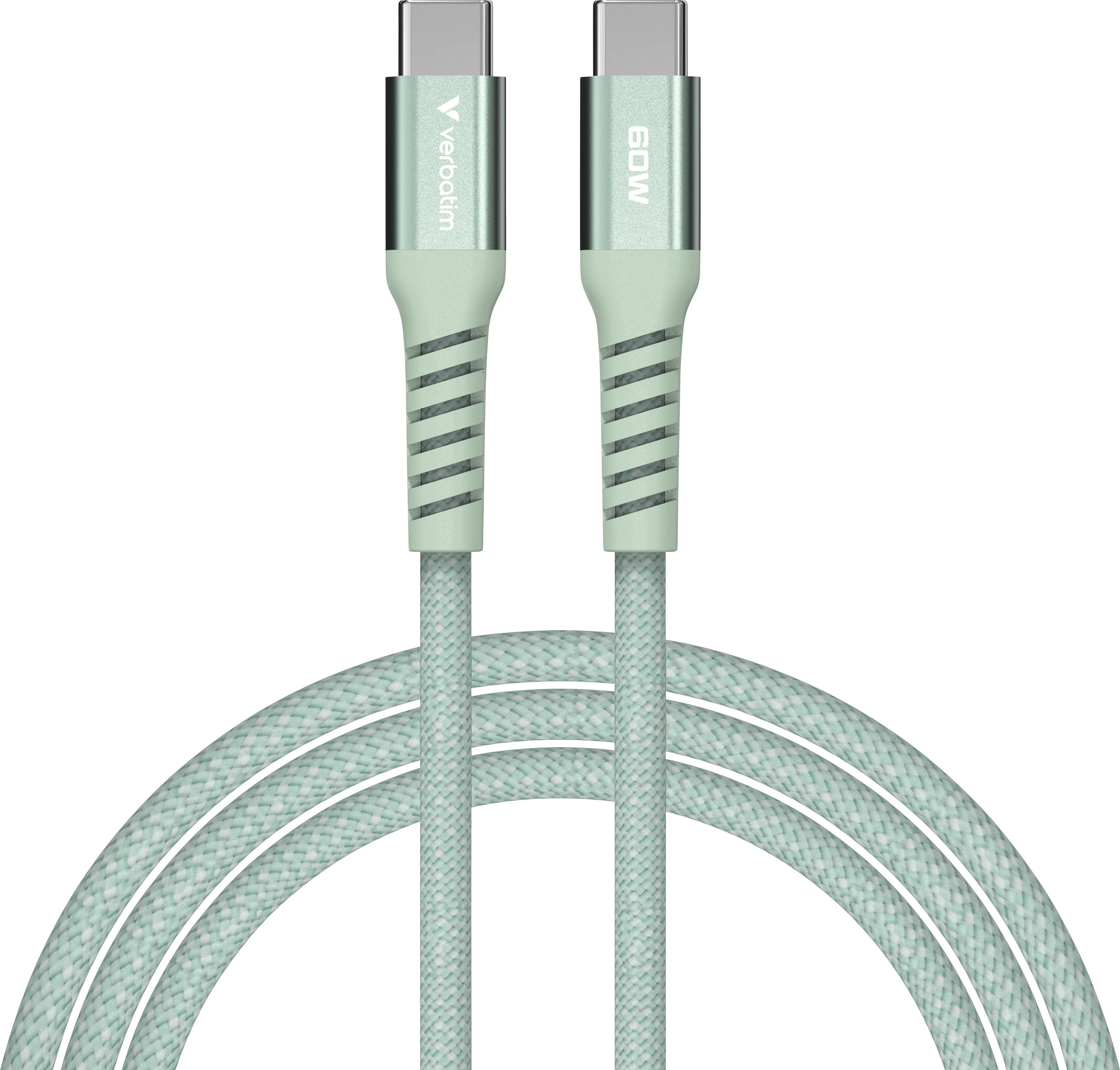 Un câble USB-C vert menthe au design tressé, avec des extrémités flexibles et l'inscription '60W'.