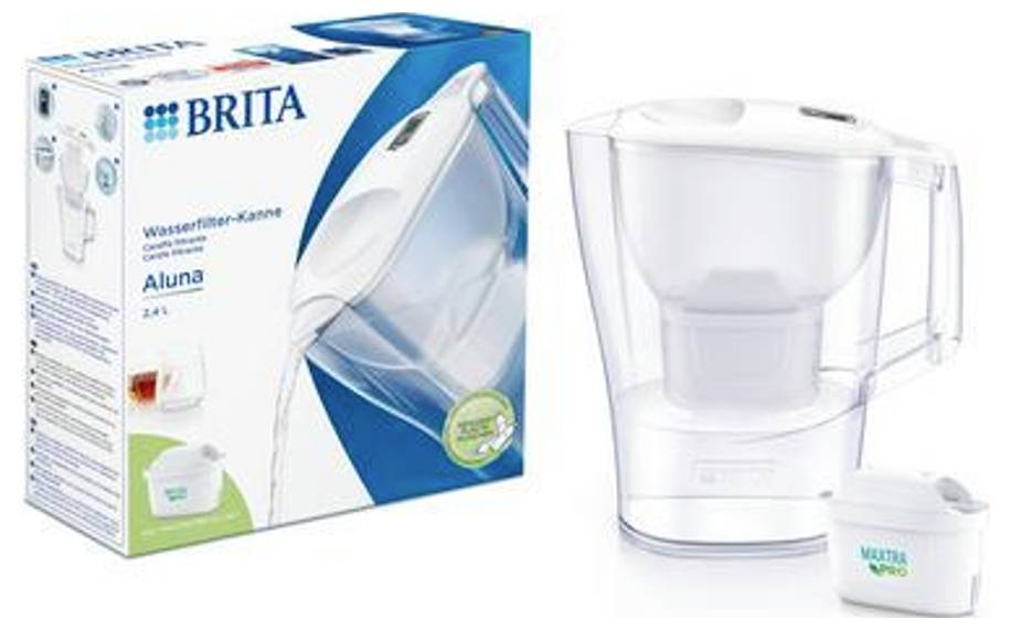 Carafe filtrante Brita Aluna à côté de son emballage. Montre la carafe avec le filtre et indique une capacité de 2,4 litres.