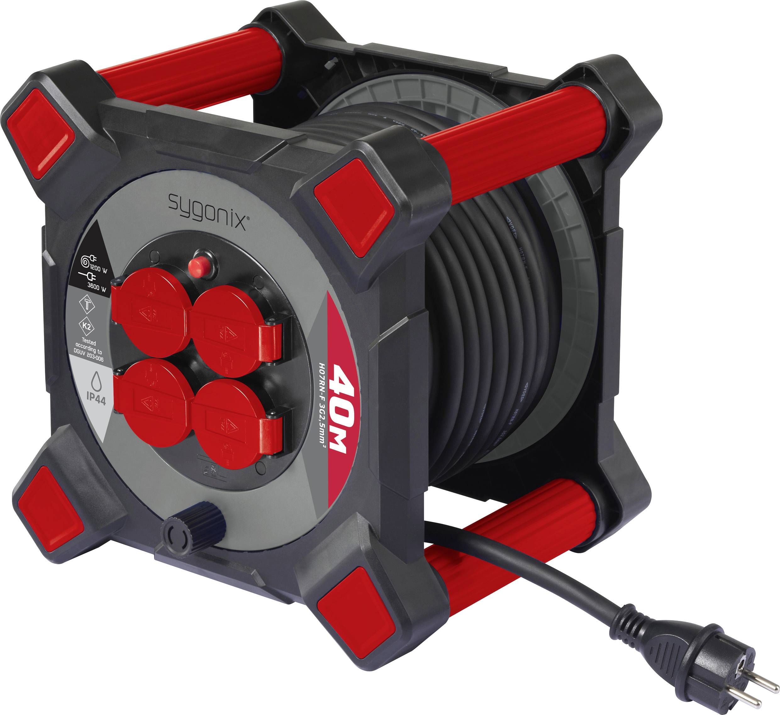 Un tambour de câble noir et rouge étiqueté 'Sygonix' contenant 40 mètres de câble noir et quatre prises rouges, conçu pour une utilisation électrique portable.