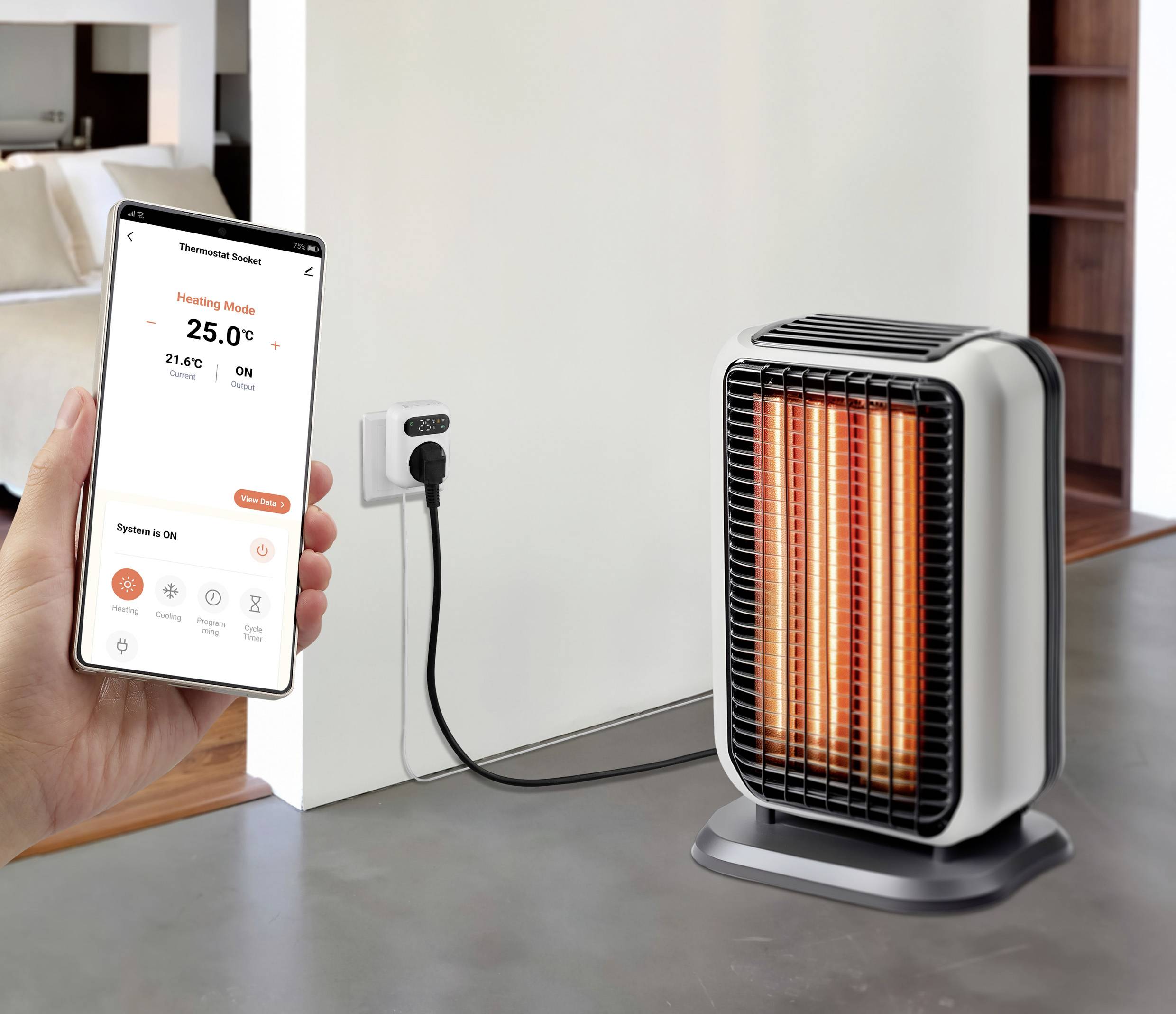 Une personne utilise une application mobile pour contrôler un radiateur portable branché. L'écran affiche les paramètres de température et les options de mode de chauffage.