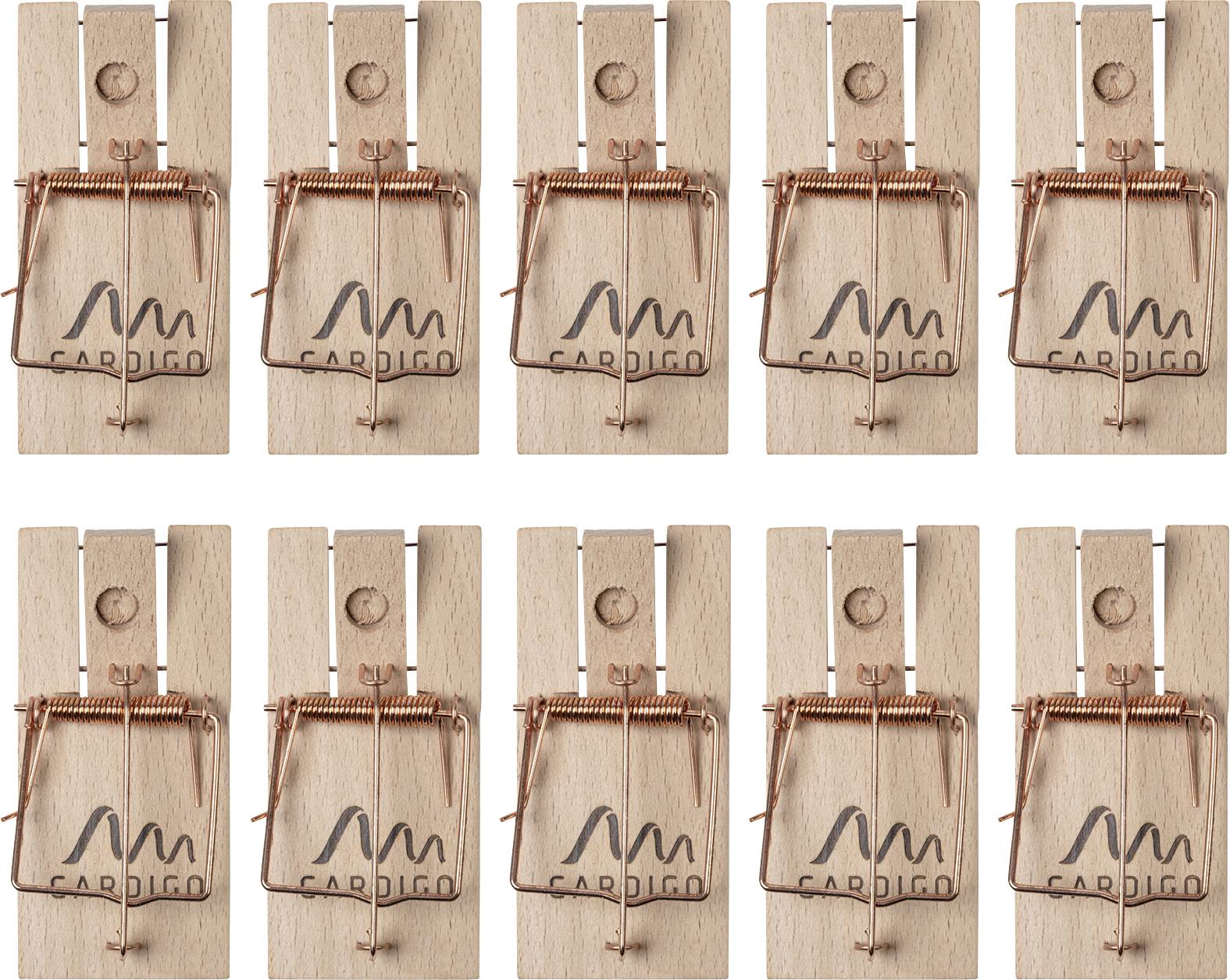 Dix pièges à souris en bois, chacun armé d'un ressort métallique, disposés en ligne sur un fond blanc.