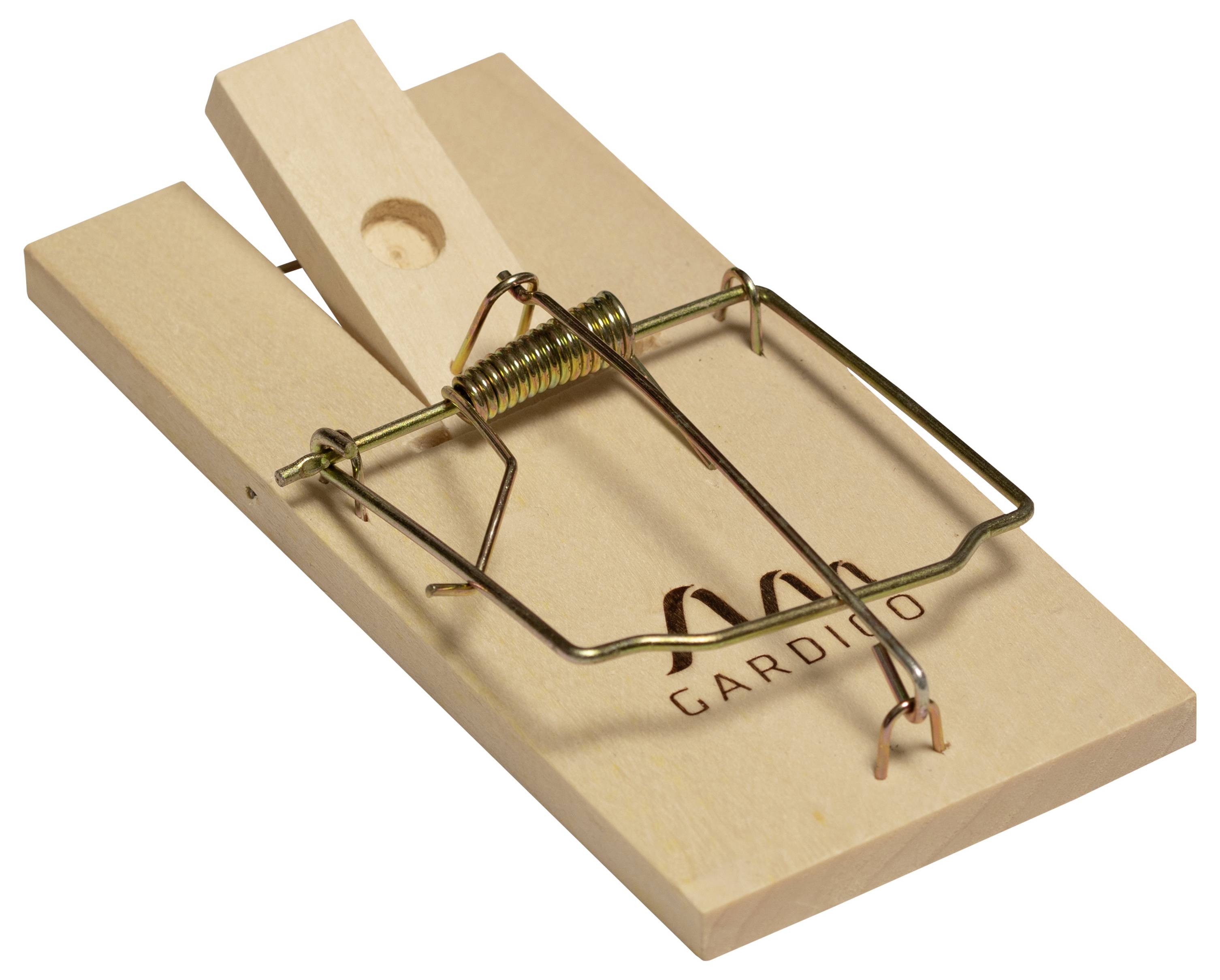 Un piège à souris en bois avec une charnière métallique et un mécanisme à ressort est posé sur une surface plane.