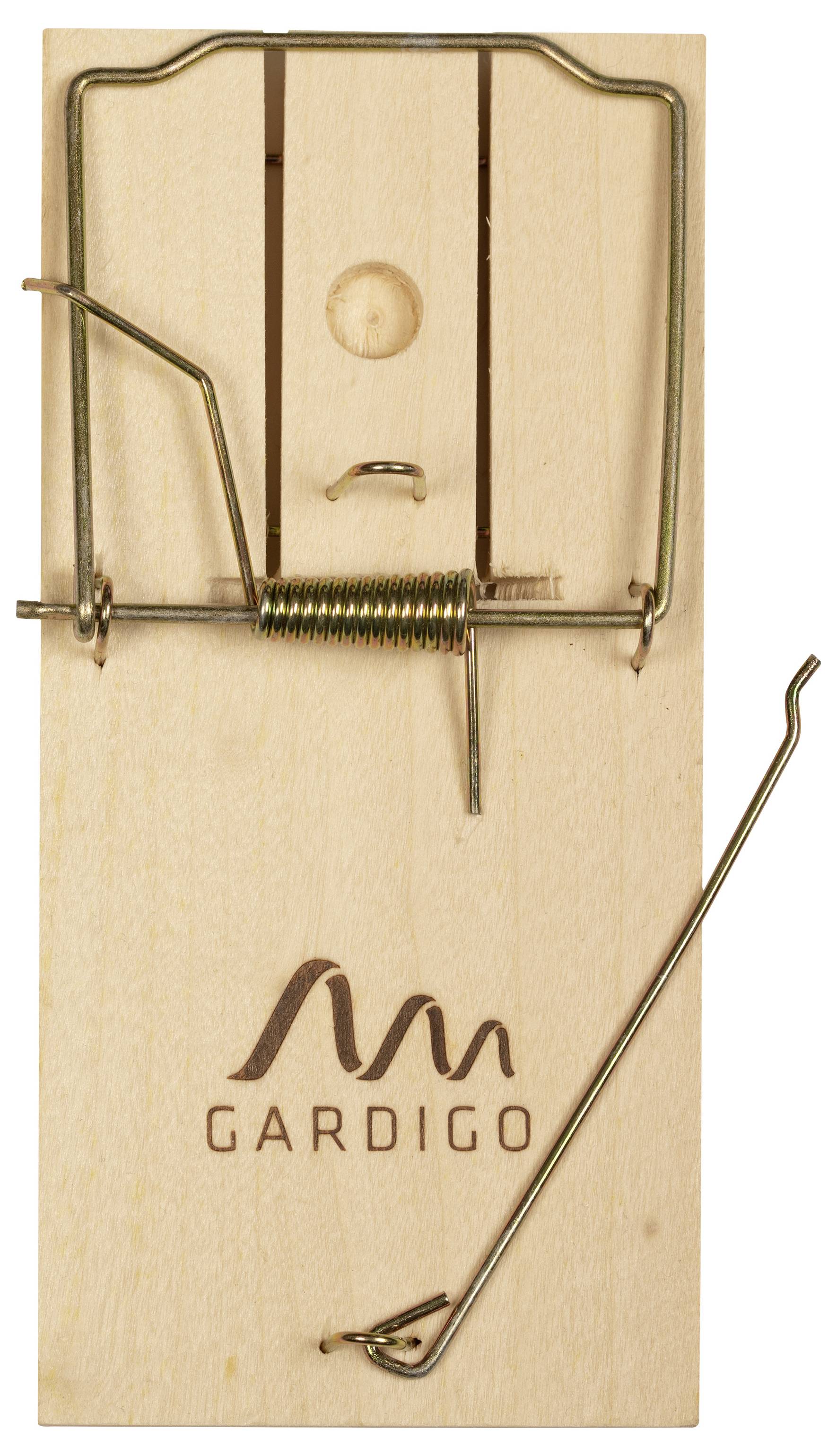 Piège à souris en bois avec composants en fil métallique et le logo 'Gardigo' gravé dessus.