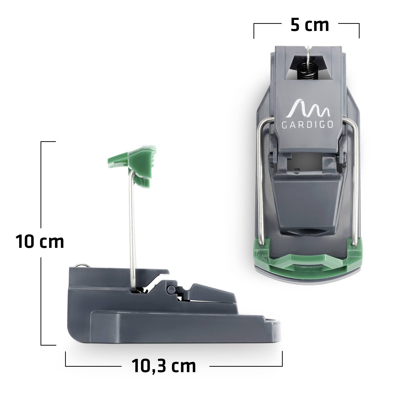 Trappe-souris de Gardigo, en plastique, mesurant 10 cm de hauteur, 10,3 cm de largeur et 5 cm de profondeur, présentée en vue latérale et vue de dessus.