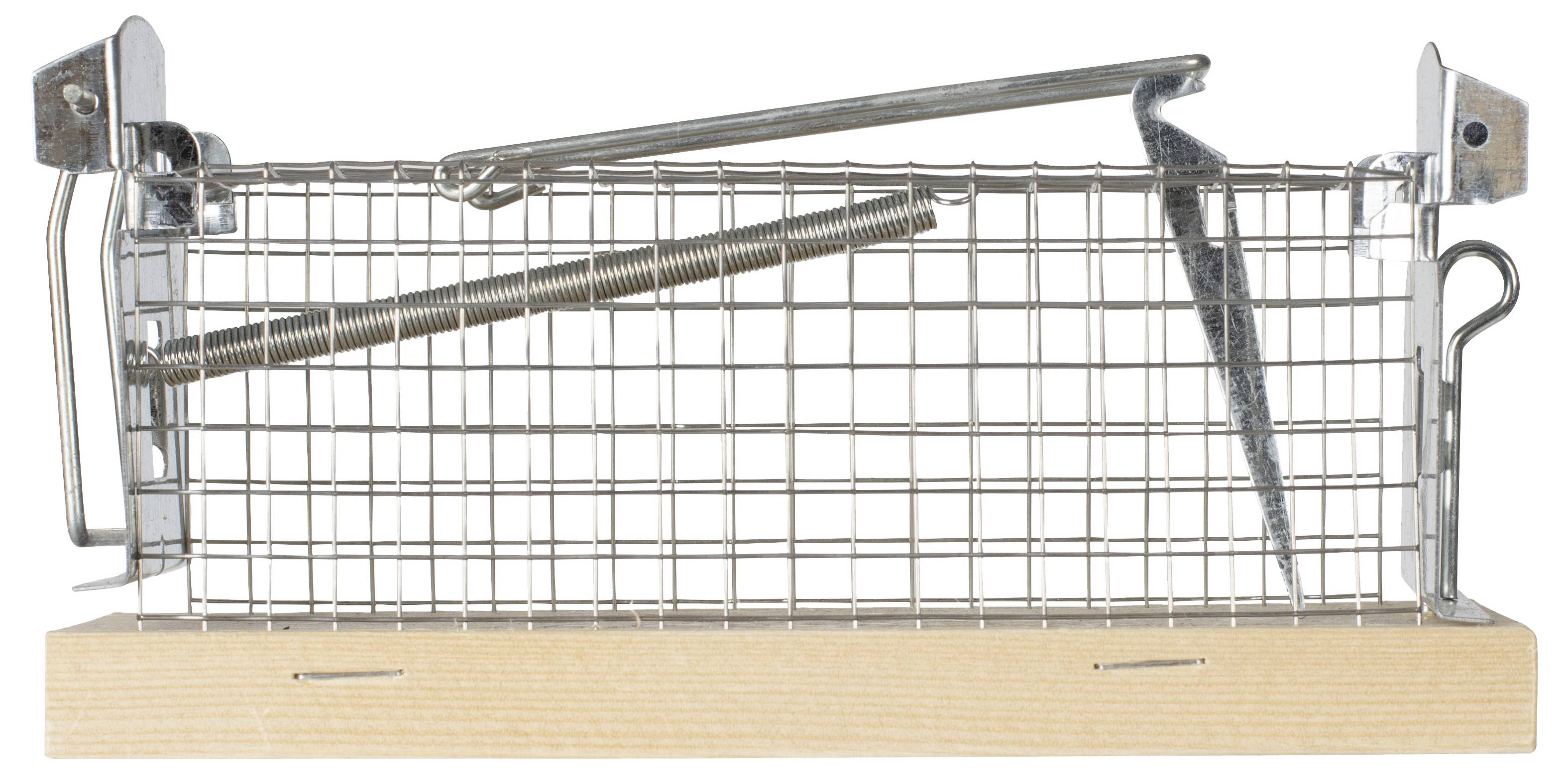 Piège à souris métallique sur support en bois, avec mécanisme à ressort et structure grillagée.