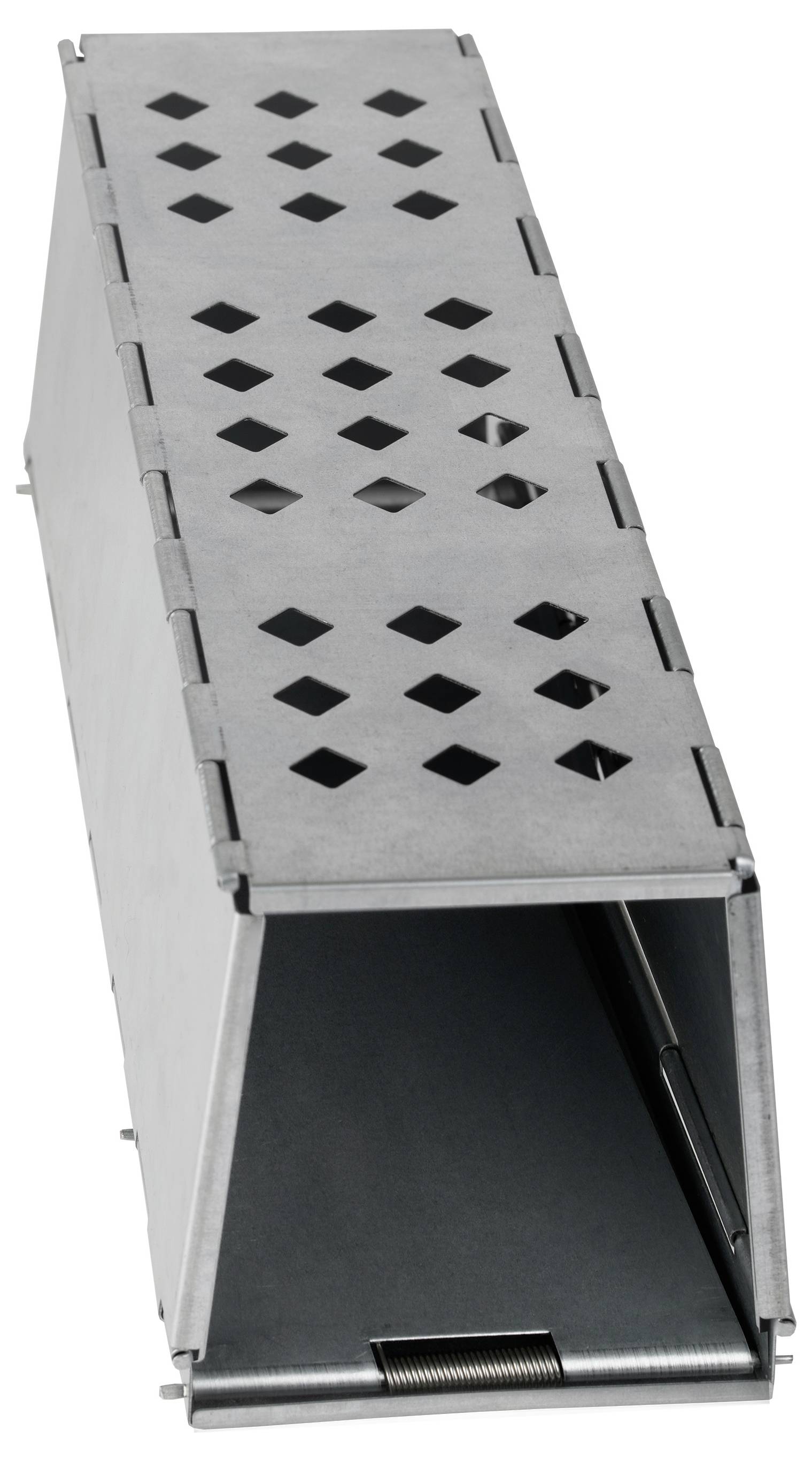 Piège à souris métallique au design rectangulaire, pourvu de trous de ventilation et d'une entrée sur l'avant.