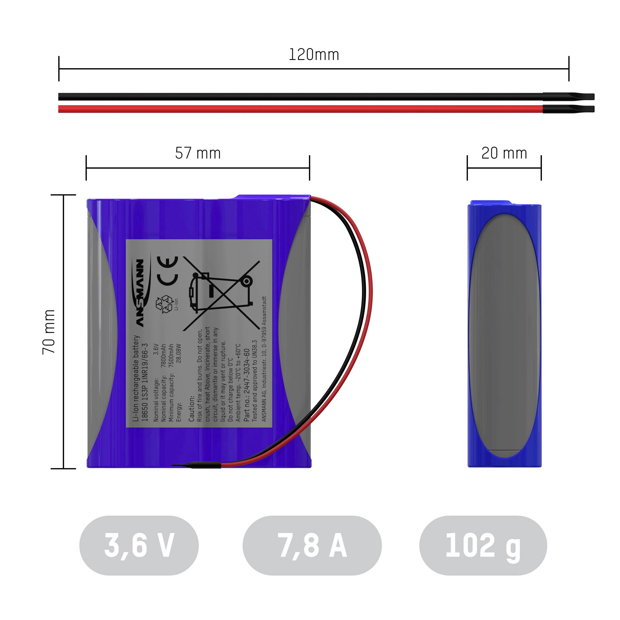 'Illustration d'un pack de batteries avec dimensions : 120 mm de longueur, 70 mm de hauteur, 57 mm de largeur. Tension 3,6 V, capacité 7,8 A, poids 102 g.'