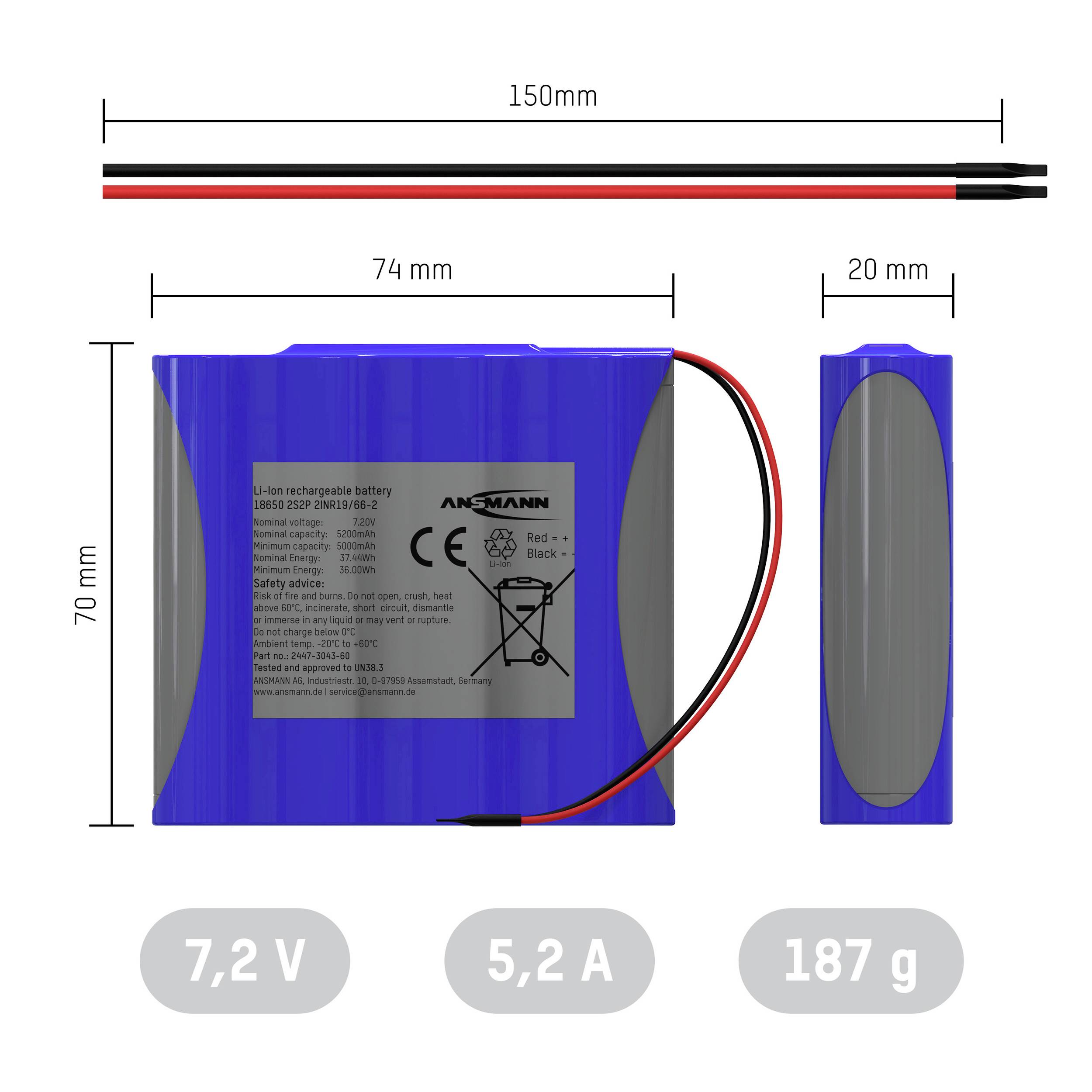 La figure montre une batterie Li-Ion avec les dimensions suivantes : 150 mm (câble), 74 mm de large, 70 mm de hauteur. Caractéristiques techniques : 7,2 V, 5,2 A, 187 g.