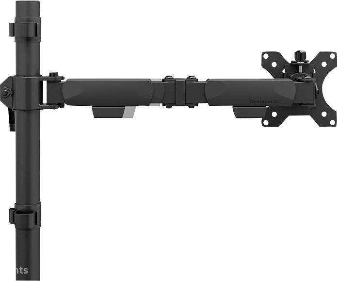 Un bras de support réglable noir pour moniteur, fixé sur un support vertical, adapté aux ajustements ergonomiques du poste de travail.