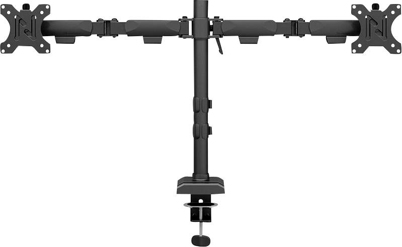 Support de moniteur à double articulation avec socle central et deux bras ajustables. Adapté pour le montage de deux écrans.
