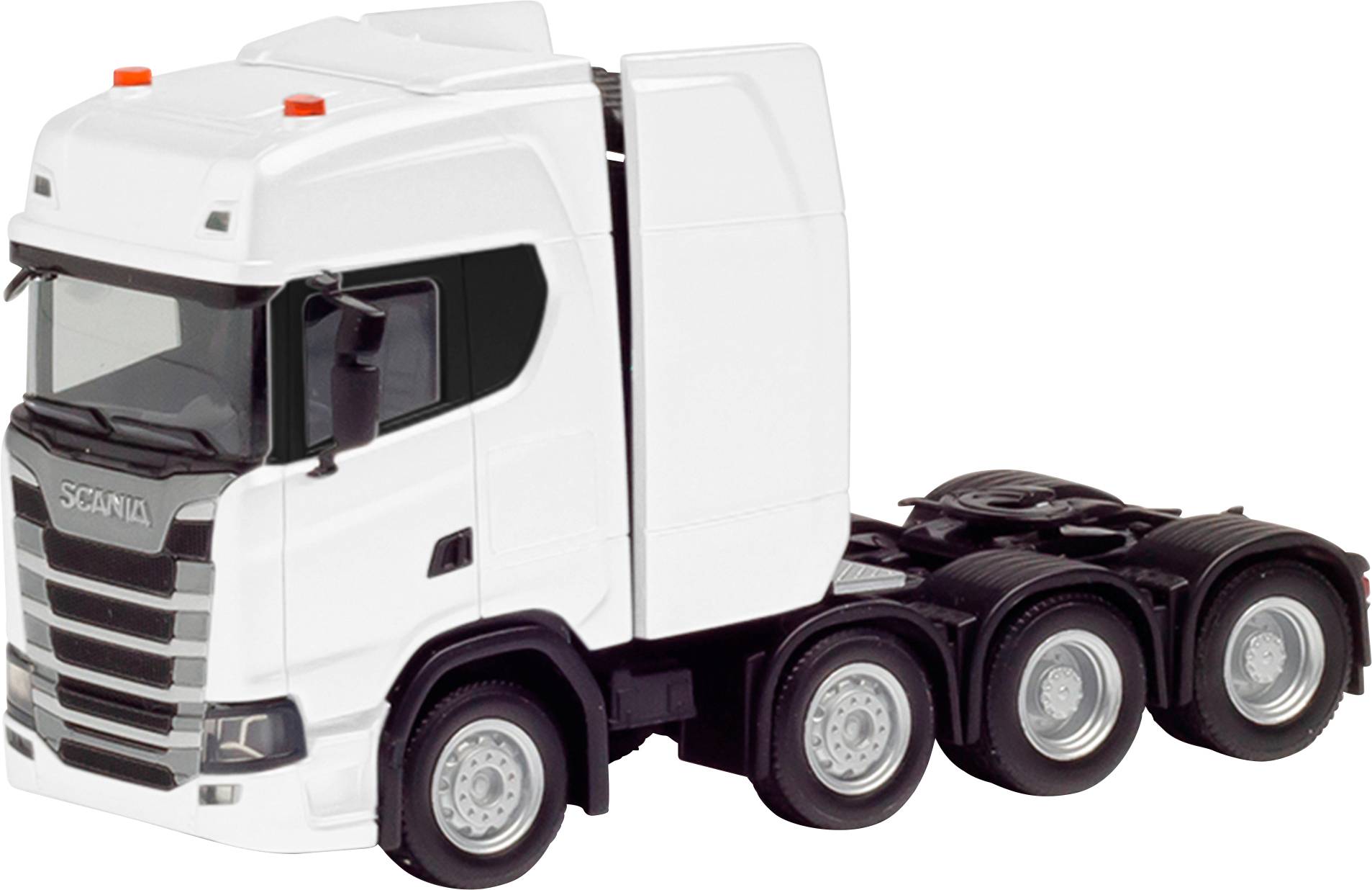 Herpa 308601-004 H0 Modèle réduit de camion Scania Train de charges lourdes CS20 à toit surélevé, 4 essieux (8x4), blanc