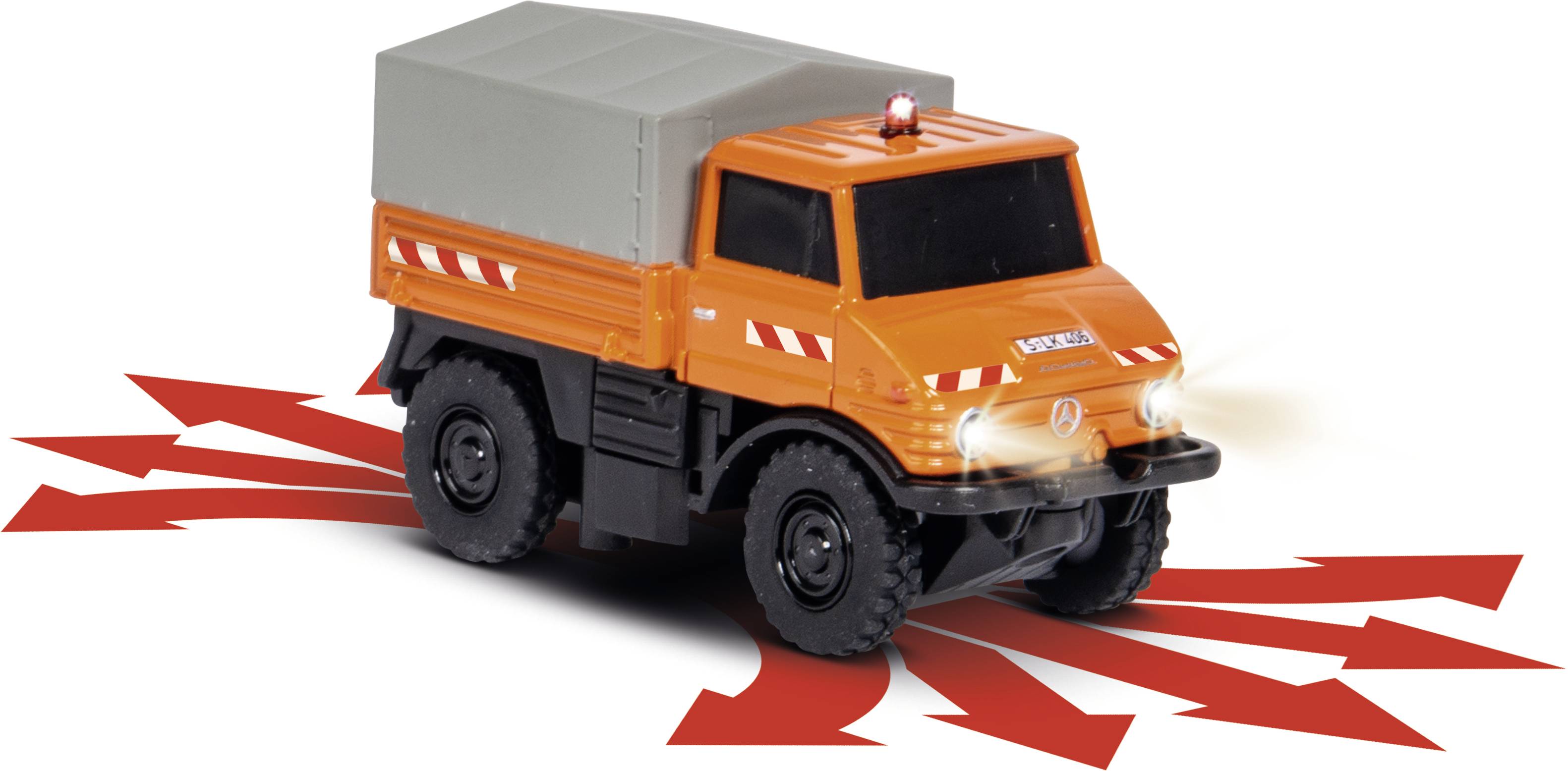 Un camion-jouet orange avec une bâche grise, roulant sur des flèches dans différentes directions. Des LED à l'avant s'illuminent.