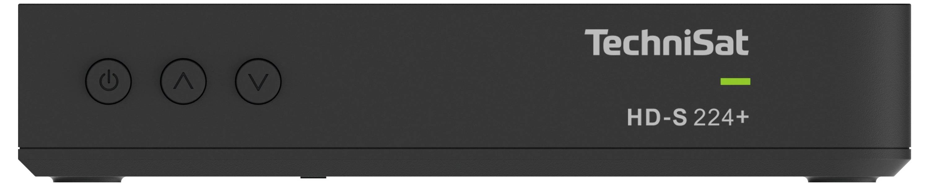 Récepteur noir TechniSat HD-S 224+ avec boutons de mise en marche, de défilement vers le haut et vers le bas sur le côté gauche et affichage LED à droite.