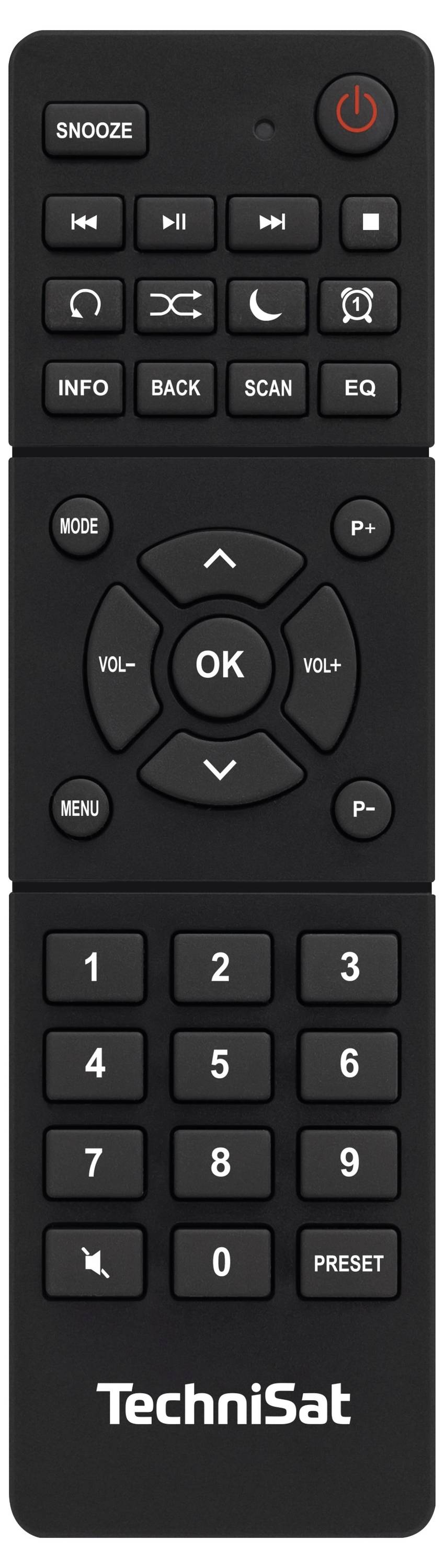 Télécommande noire de TechniSat avec touches de mise en marche, volume, changement de chaîne, OK, chiffres 0-9 et contrôle des fonctions.