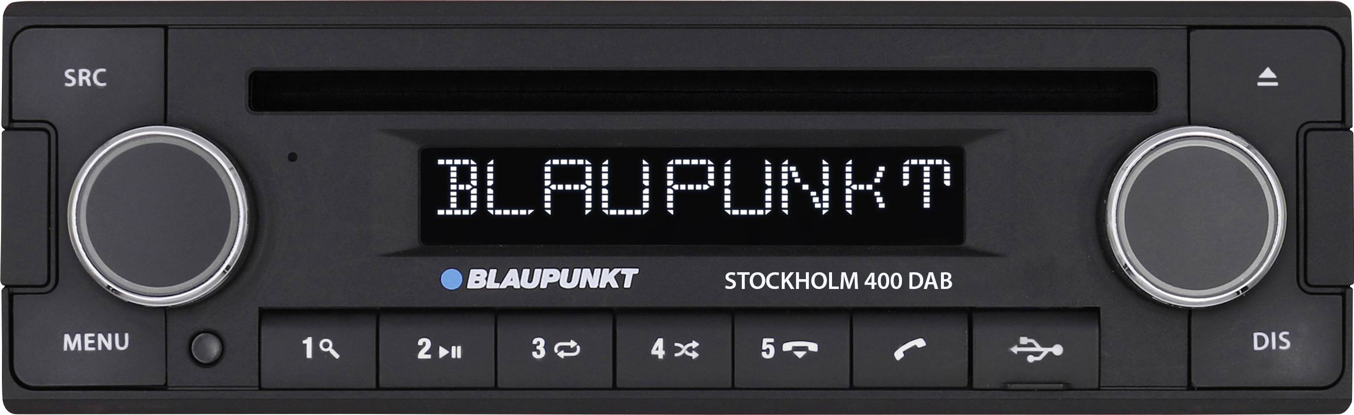 Autoradio Blaupunkt, modèle Stockholm 400 DAB. Affiche le mot 'BLAUPUNKT' sur l'écran, entouré de différents éléments de commande.