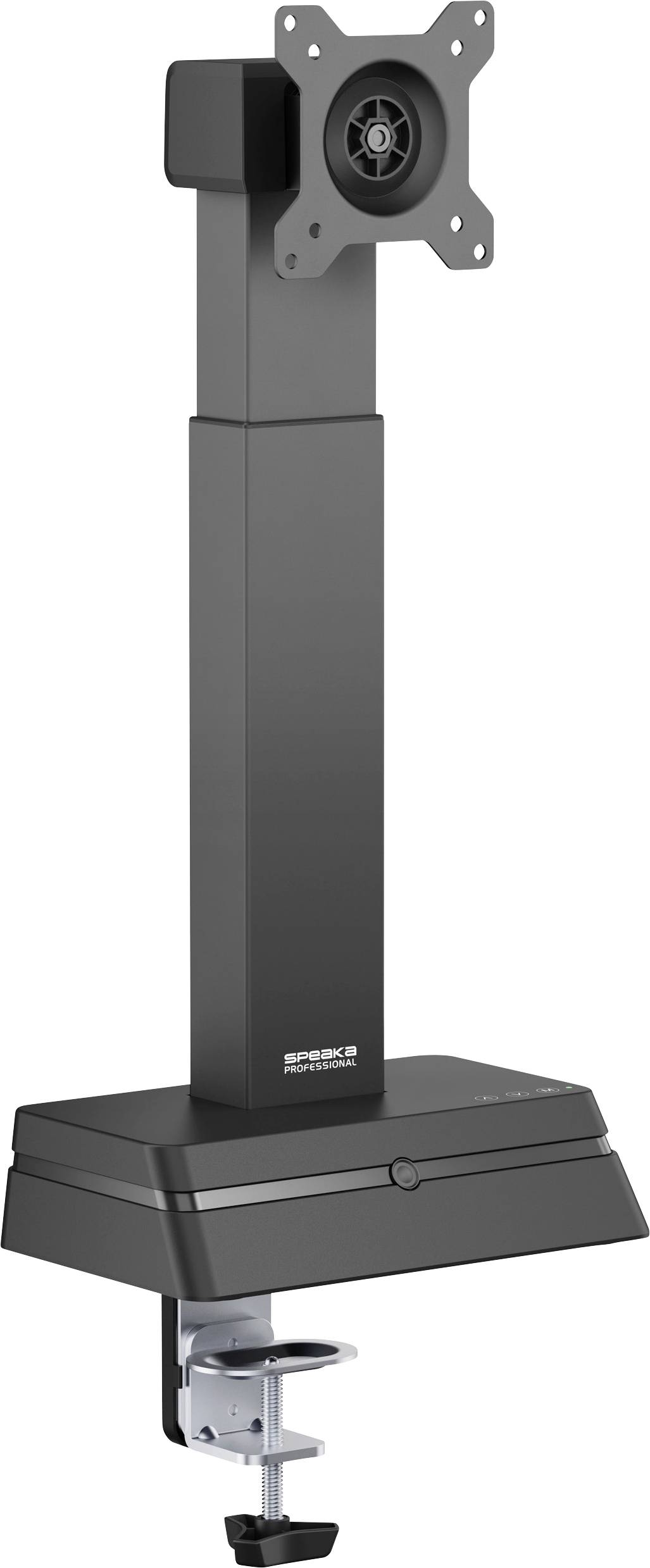 Un support de moniteur noir, réglable, avec une base à pince conçue pour se fixer aux bureaux, compatible avec les écrans aux normes VESA.