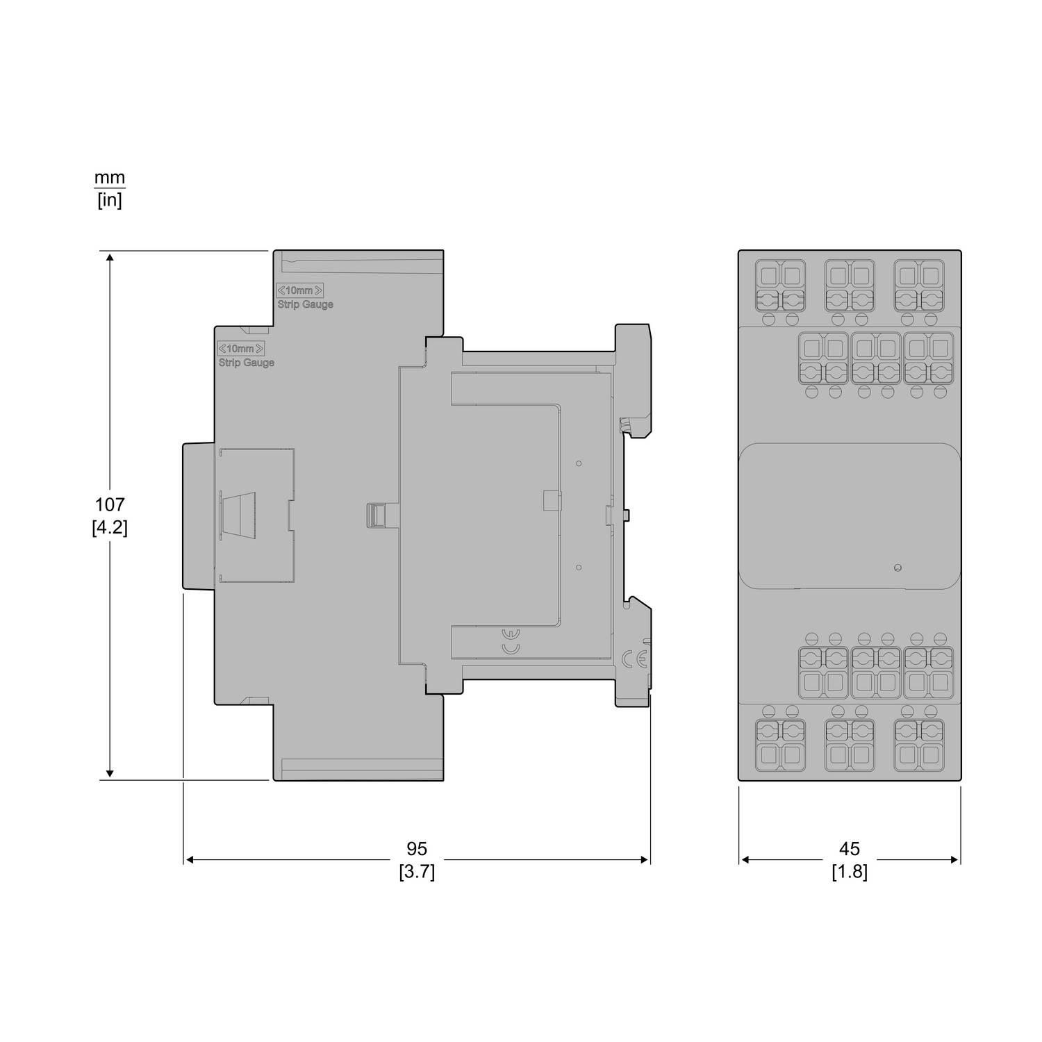 'Plan de dimensions d'un dispositif électronique : Largeur 95 mm, Hauteur 107 mm. Vue latérale montrant les composants et les connexions.'