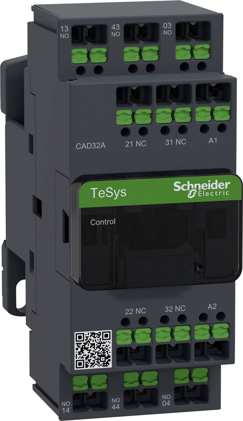 'Schneider Electric TeSys CAD32A Contacteur', boîtier noir avec des bornes de connexion vertes et un code QR sur le devant.