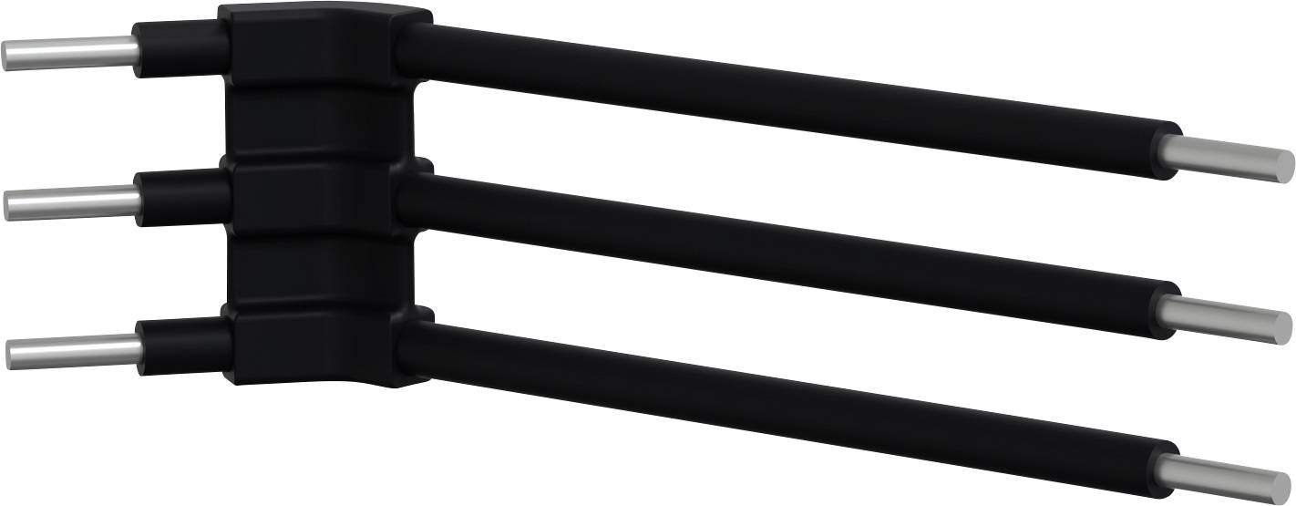 Une prise noire à câble avec trois connexions disposées en parallèle, adaptée aux branchements électroniques ou aux appareils.