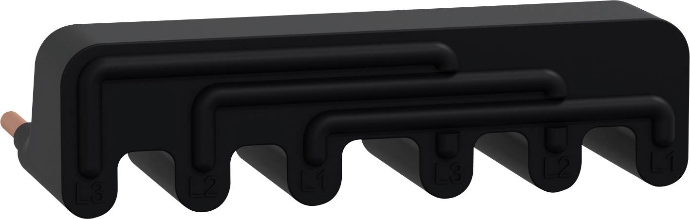 Bloc de plastique noir avec cinq découpes arrondies et un câble fin à gauche. Utilisé comme support ou guide de câble.