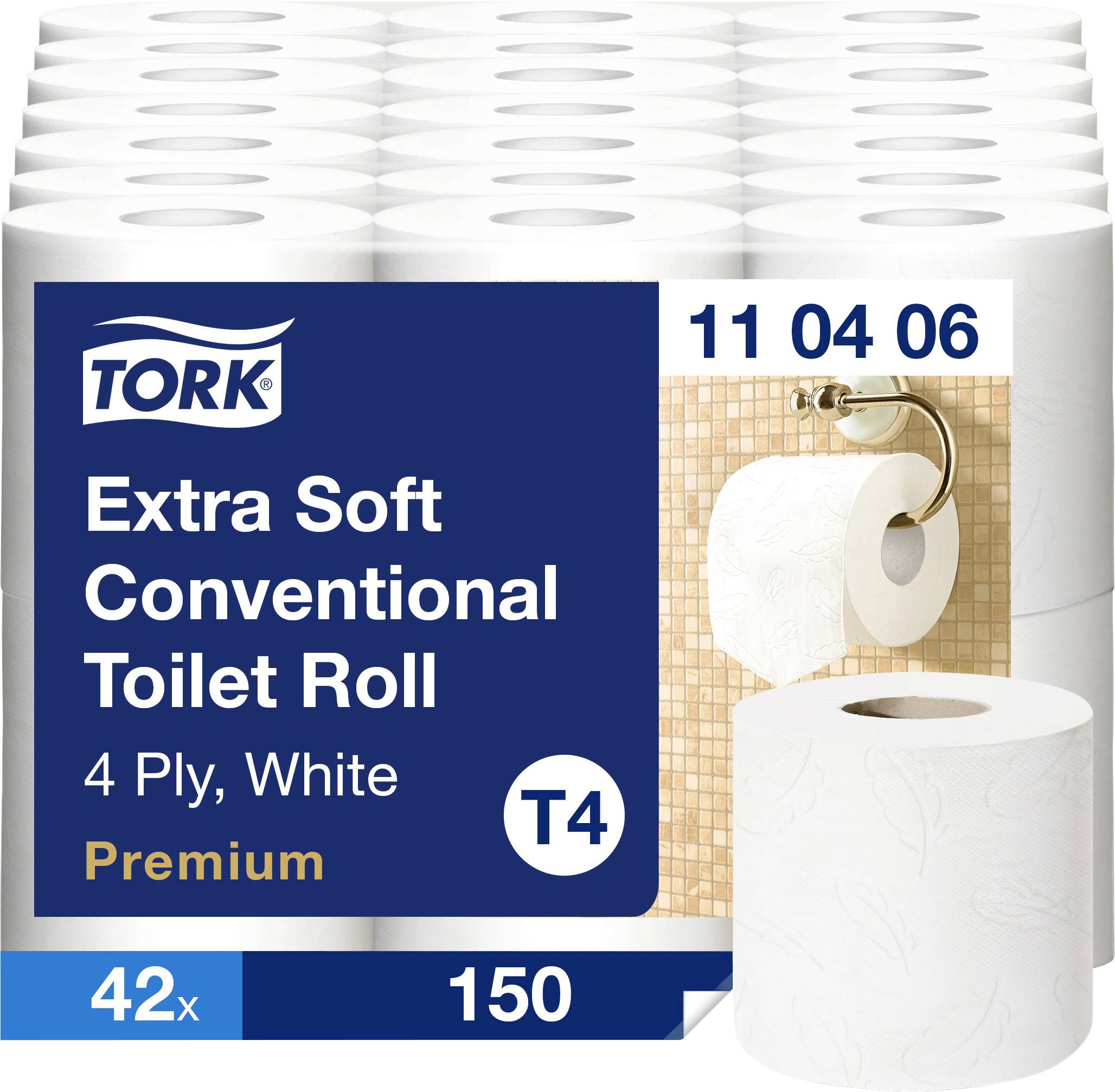 Paquet de Papier Toilette Tork Extra Soft Conventionnel, 4 plis blanc premium, T4, 42 rouleaux x 150 feuilles, avec image de rouleau de papier toilette.