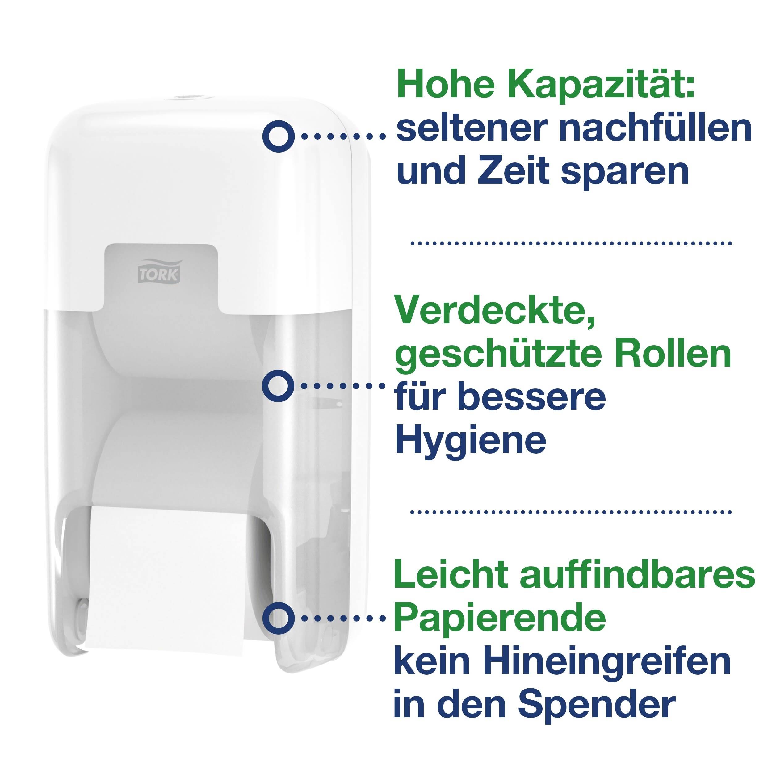 Un distributeur de papier toilette blanc avec le texte : 'Haute capacité', 'Rouleaux cachés et protégés', 'Extrémité du papier facile à localiser'.