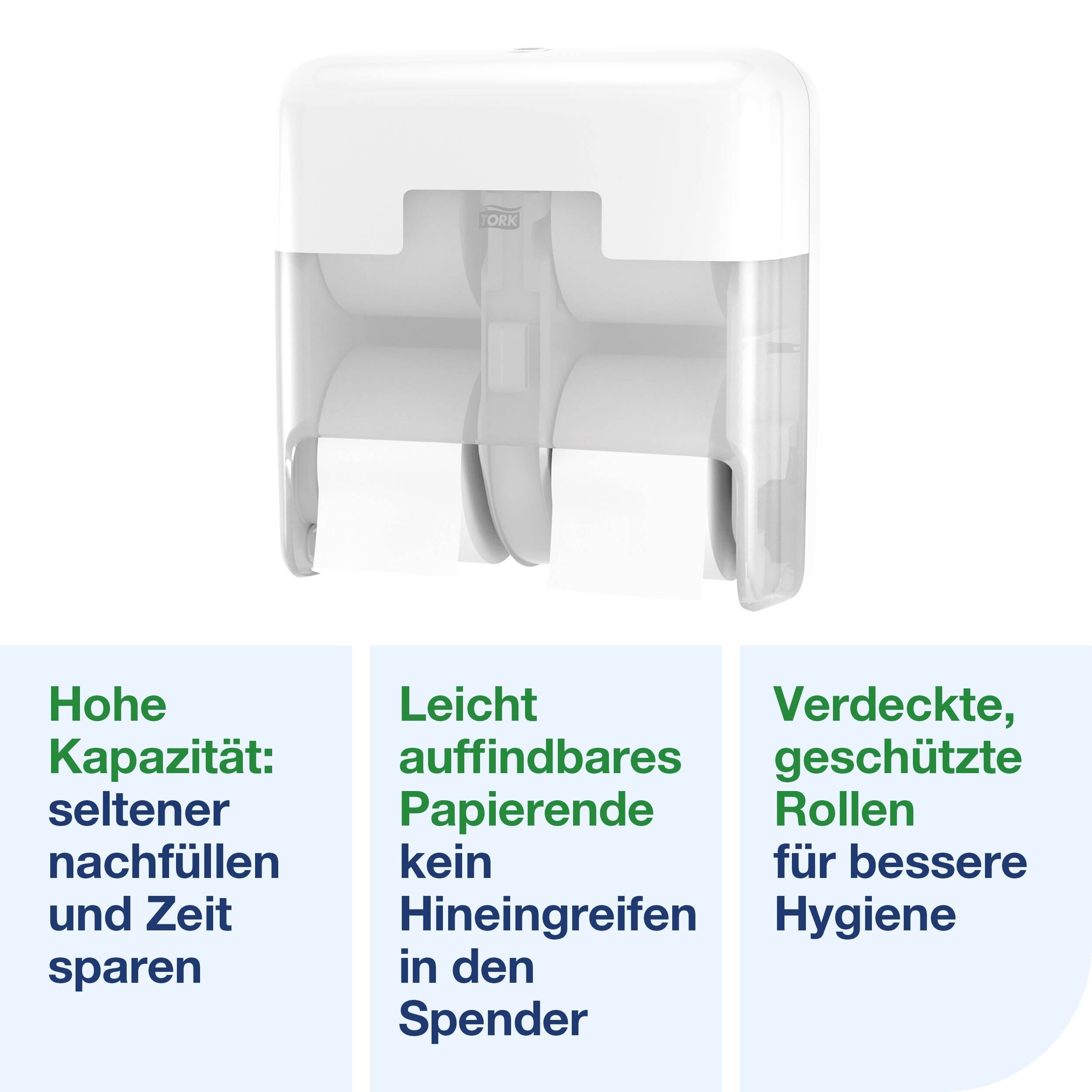 Distributeur de rouleaux de papier à haute capacité. Caractéristiques : extrémité de papier facilement accessible, rouleaux dissimulés pour une meilleure hygiène.