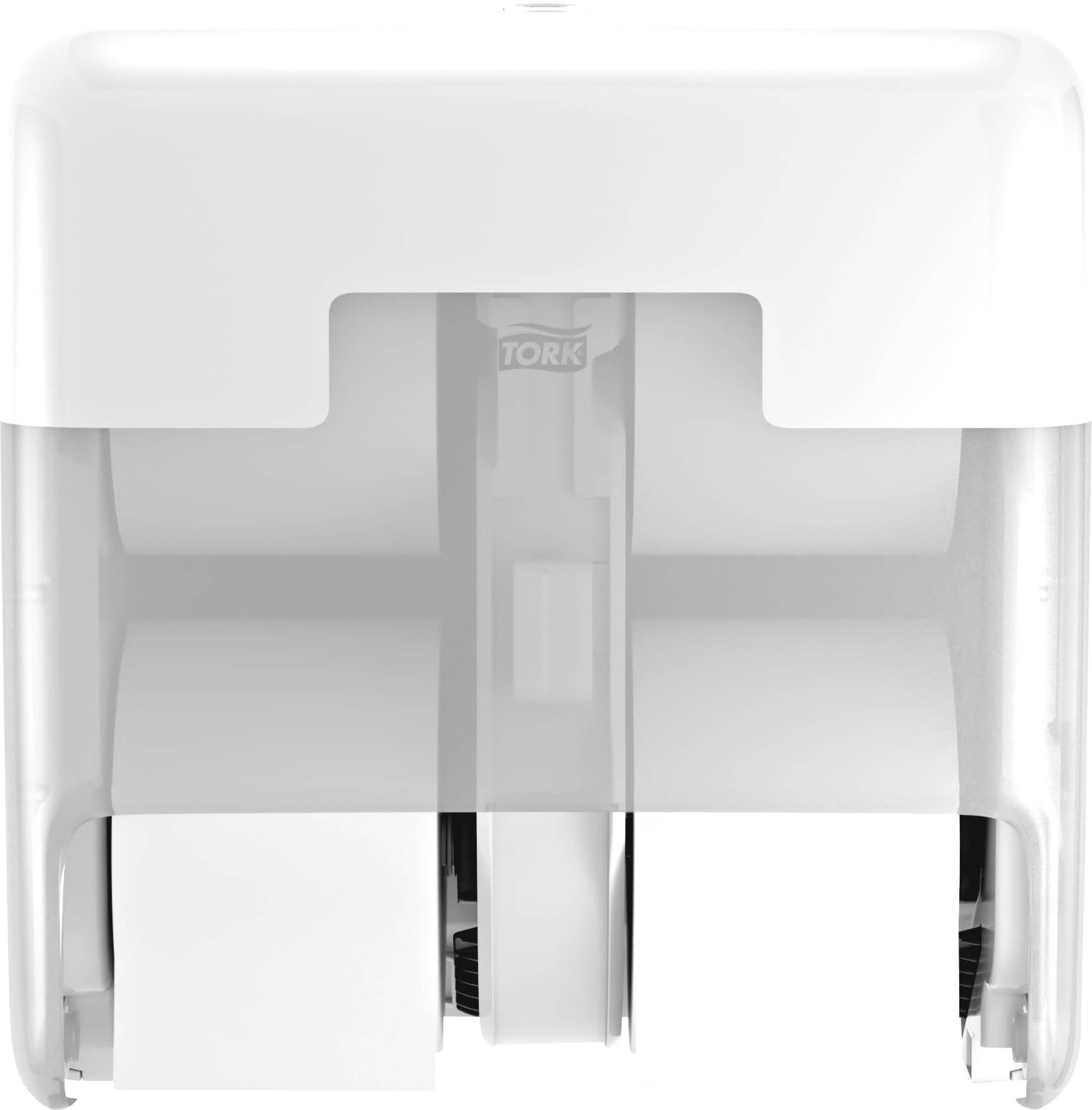 Distributeur de papier toilette blanc semi-transparent, montrant deux rouleaux. Le rouleau de droite est partiellement visible, le rouleau de gauche est presque épuisé.