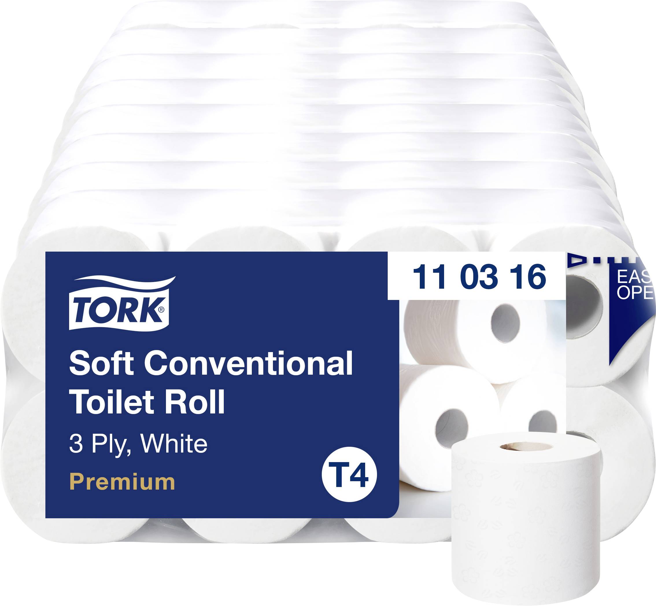 Un paquet de papier toilette de la marque Tork, type 'Soft Conventional'. Il contient plusieurs rouleaux blancs de papier premium à 3 épaisseurs.
